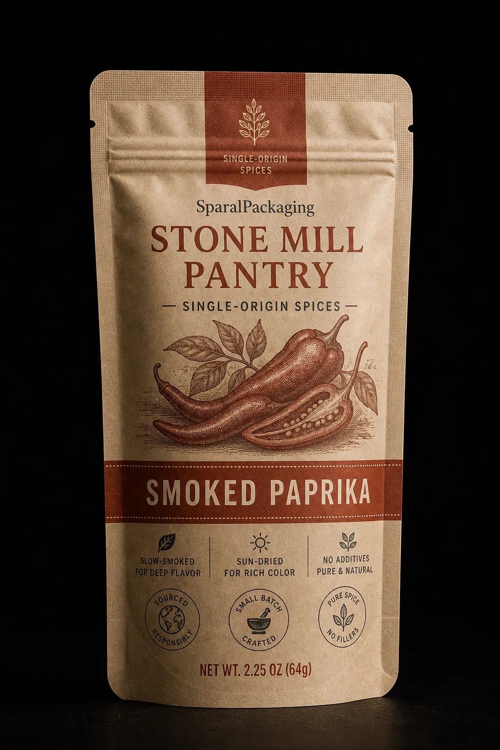 Custom printed kraft spice pouch — dry goods packaging by Sparal Packaging