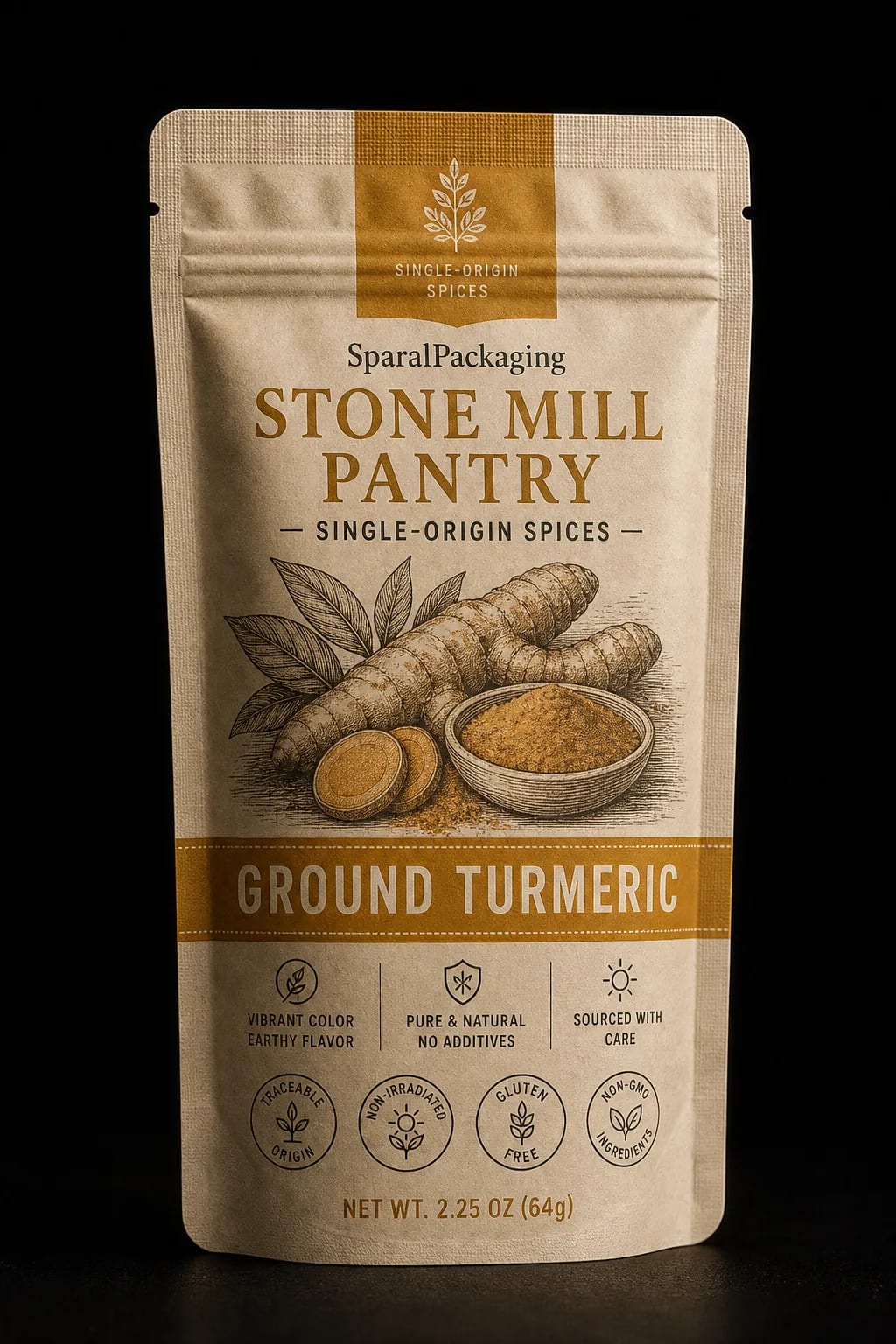 Ground turmeric colorway of the same spice pouch family — Sparal Packaging