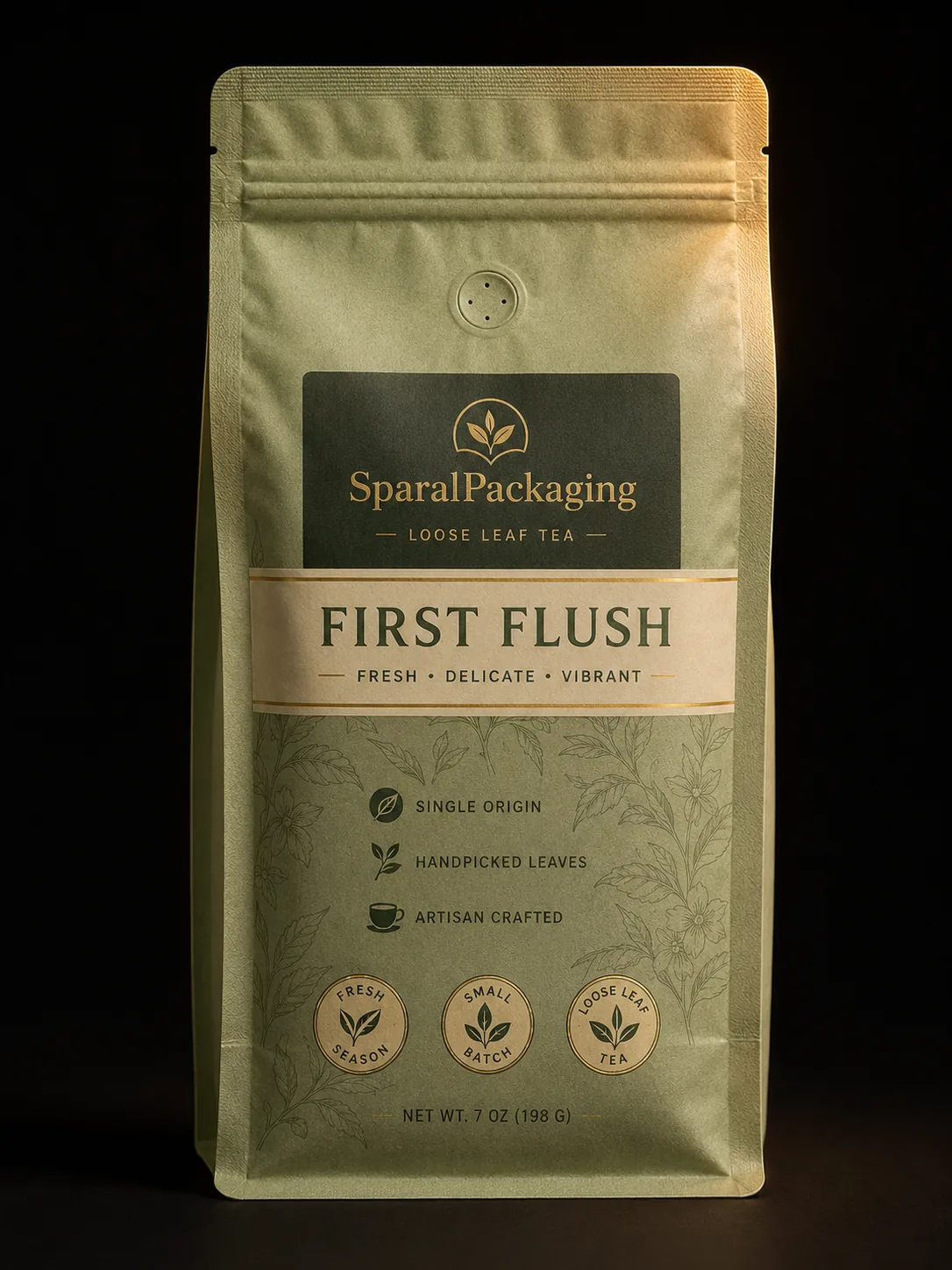 Custom printed loose leaf tea side-gusset bag with botanical pattern — tea packaging by Sparal Packaging