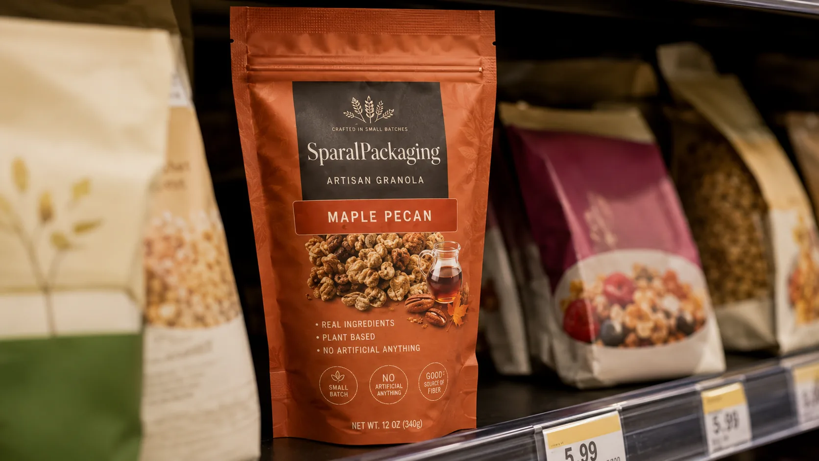 Custom printed granola pouch standing on a supermarket shelf among competitors — Sparal Packaging