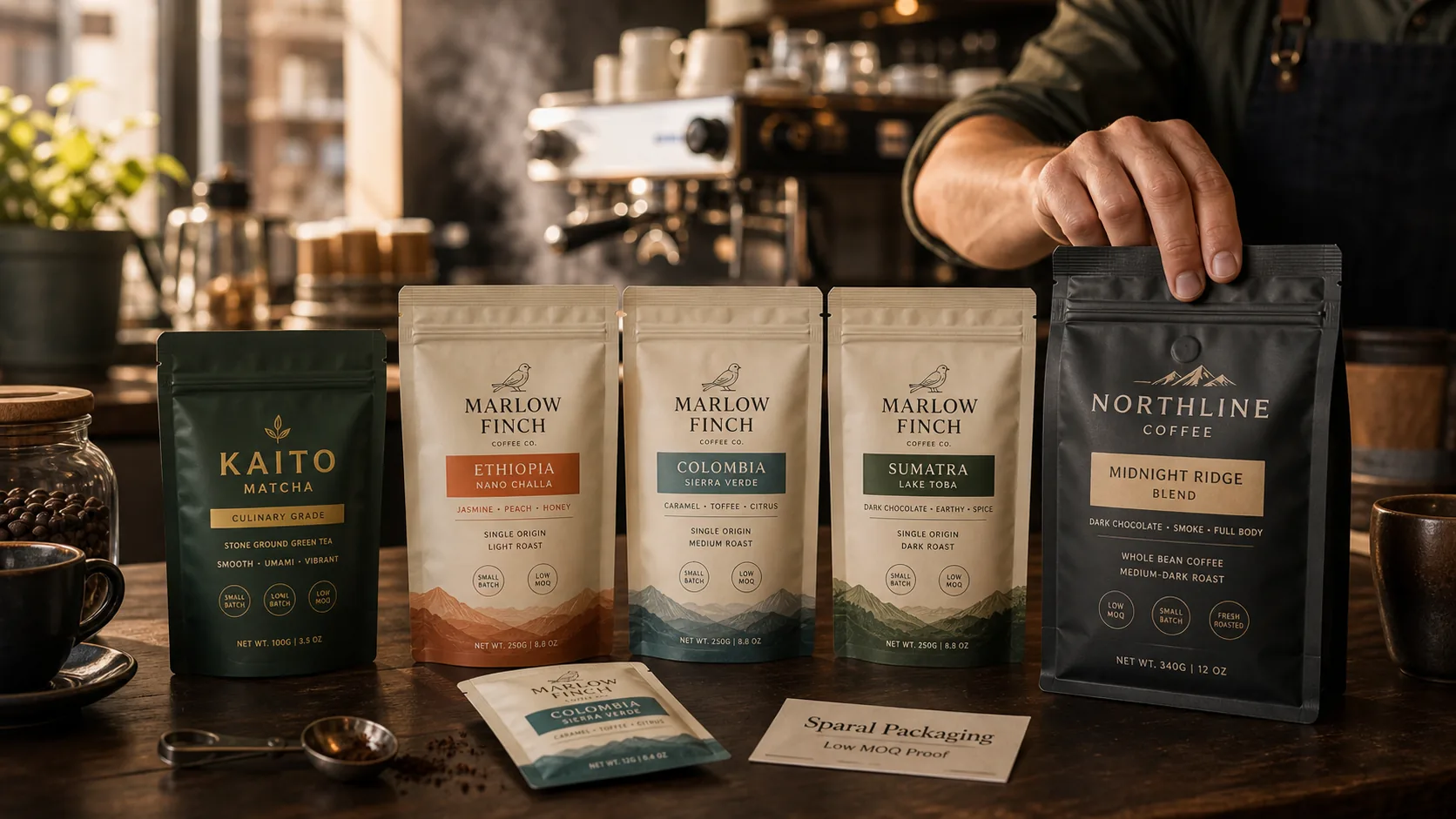 Low MOQ coffee and tea pouches on a specialty cafe counter with flat-bottom bags, sample sachet, and Sparal Packaging proof card.