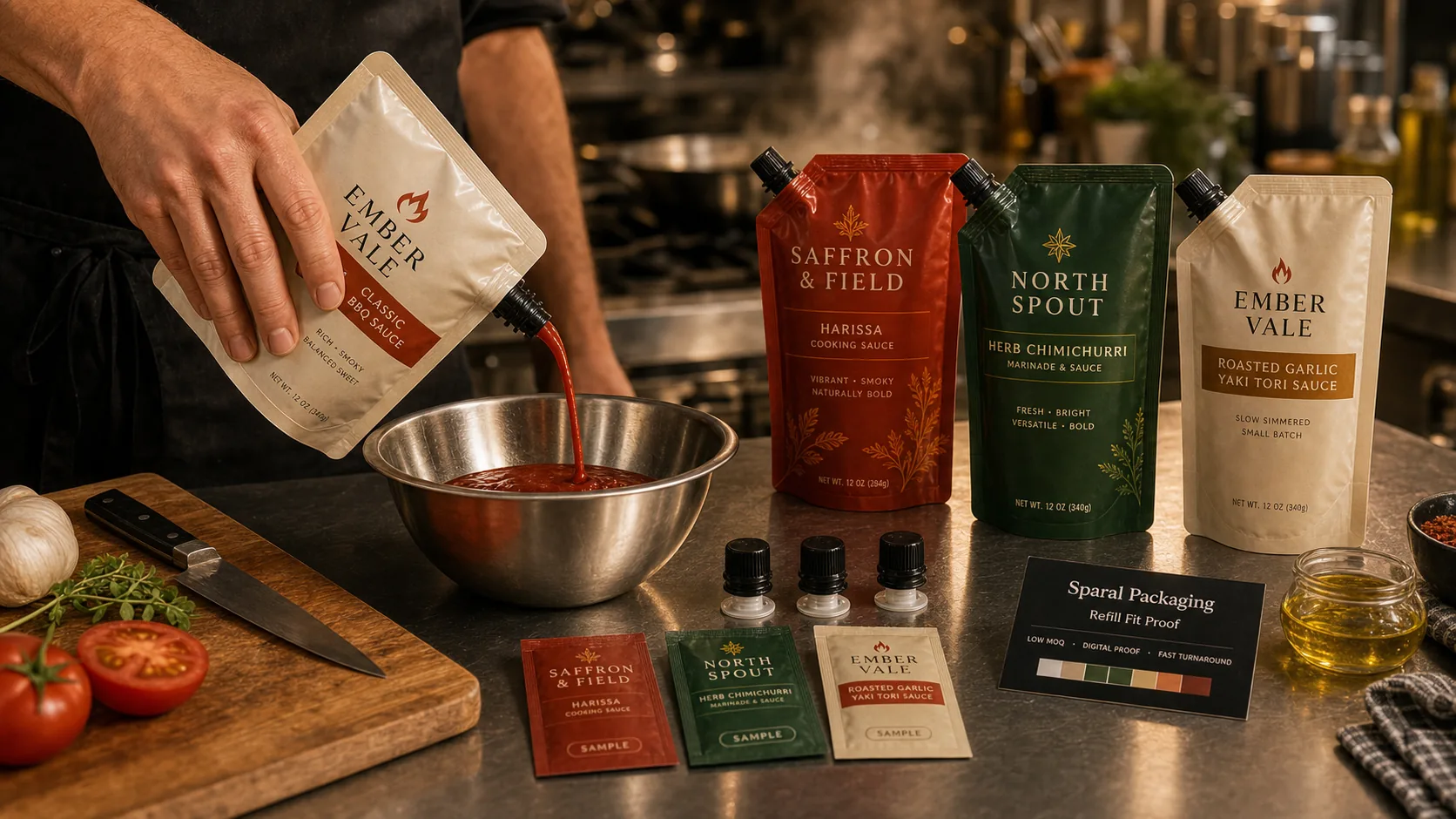 Low MOQ liquid spout pouch pouring sauce in a commercial kitchen with cap samples, sauce pouch family, and Sparal Packaging proof card.