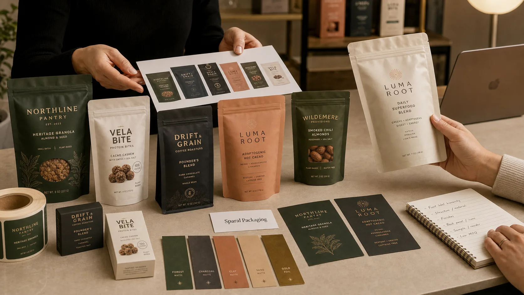 Private label packaging buyer review with finished pouches, cartons, labels, swatches, and Sparal Packaging proof card.