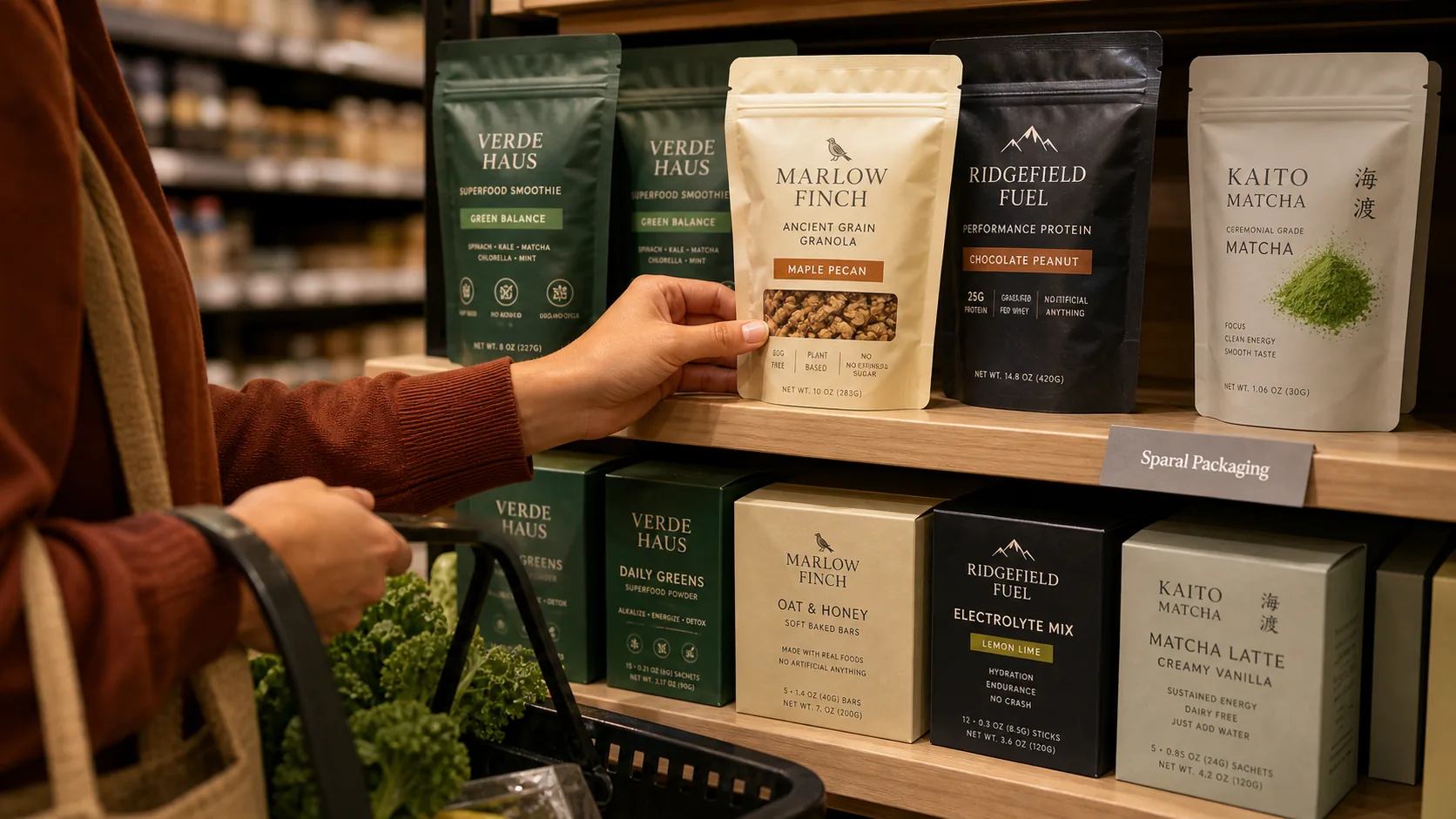 Private label packaging on a premium grocery shelf with a shopper placing a pouch into a basket and Sparal Packaging shelf proof card.