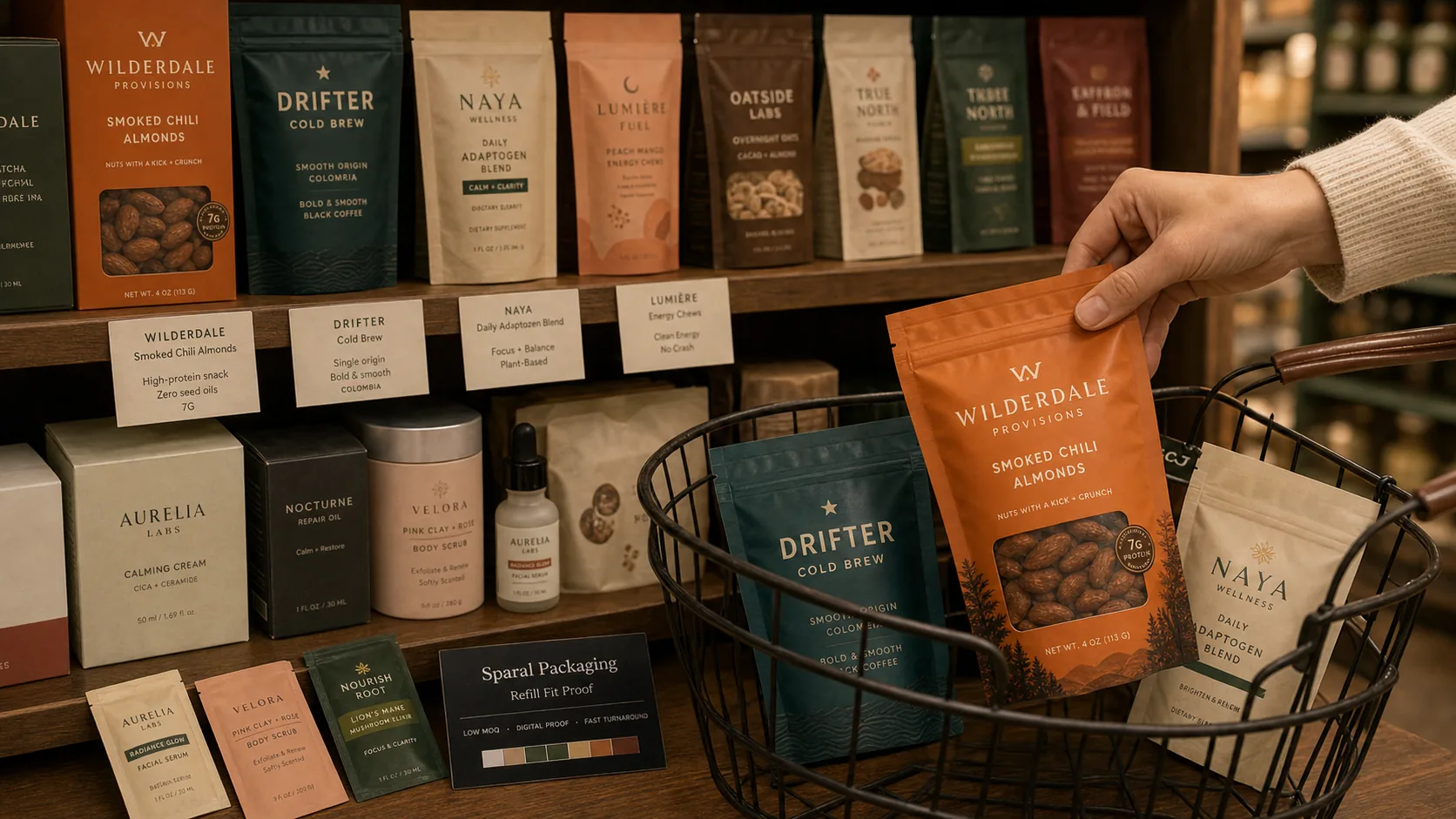 Private label custom packaging on a premium grocery shelf with pouches, cartons, labels, cards, sample sachets, and a shopper basket.