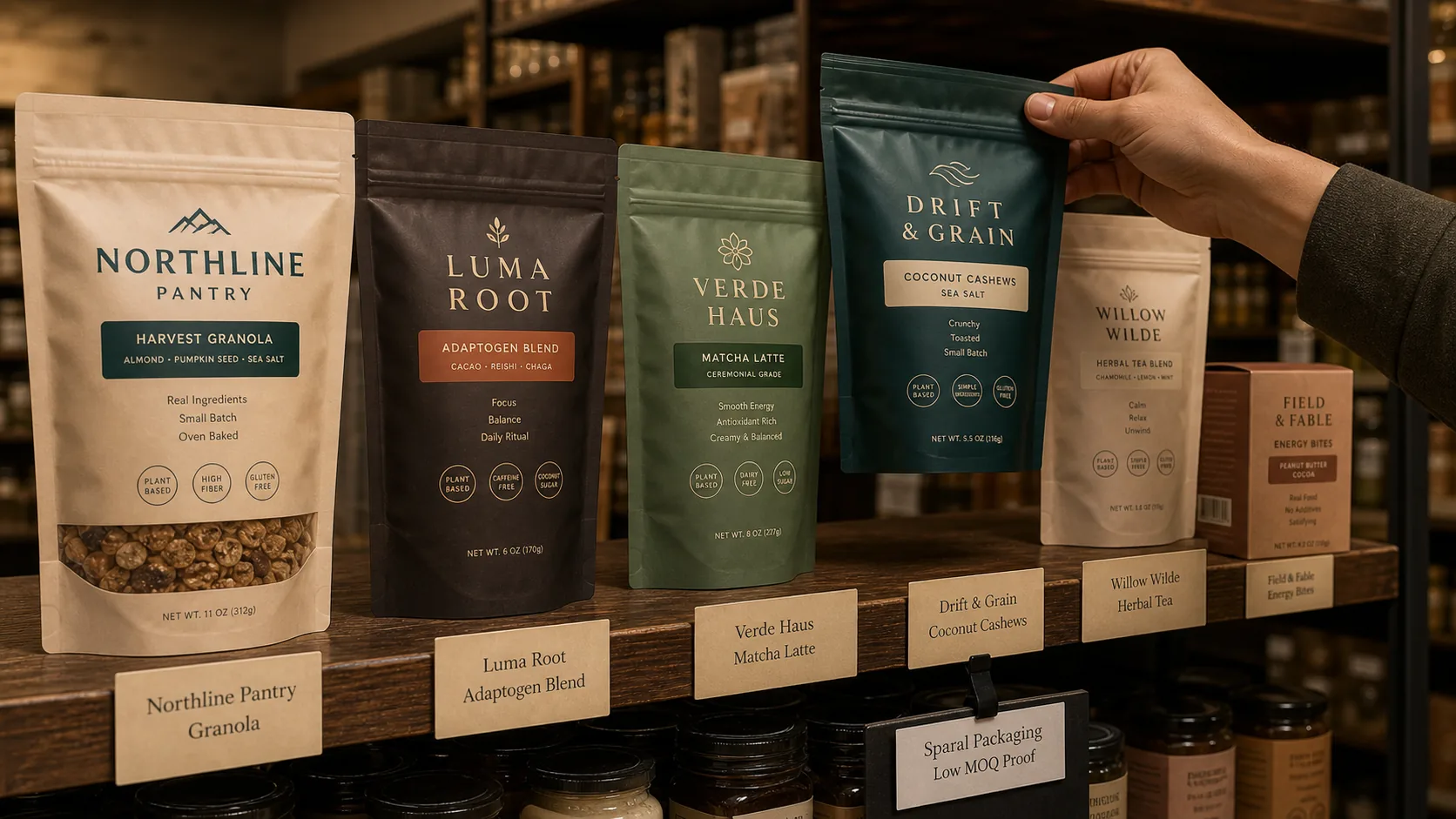 Private label pouches and cartons on a boutique grocery shelf with a shopper hand selecting a pouch and Sparal Packaging low-MOQ proof card.