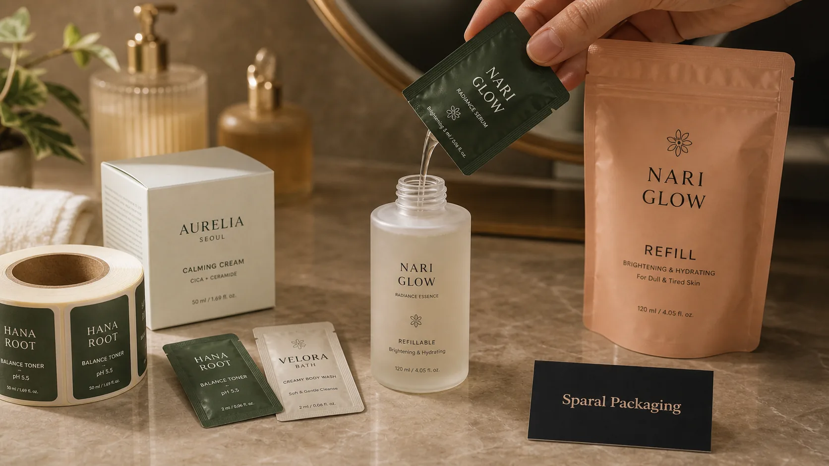 Beauty sachet sample pouring into a frosted skincare bottle with refill pouch, labels, carton, and Sparal Packaging proof card.