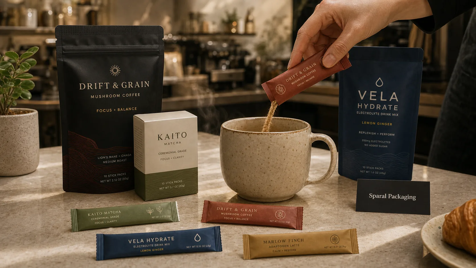 Coffee and hydration stick pack being poured into a cafe cup with parent pouches and Sparal Packaging proof card.
