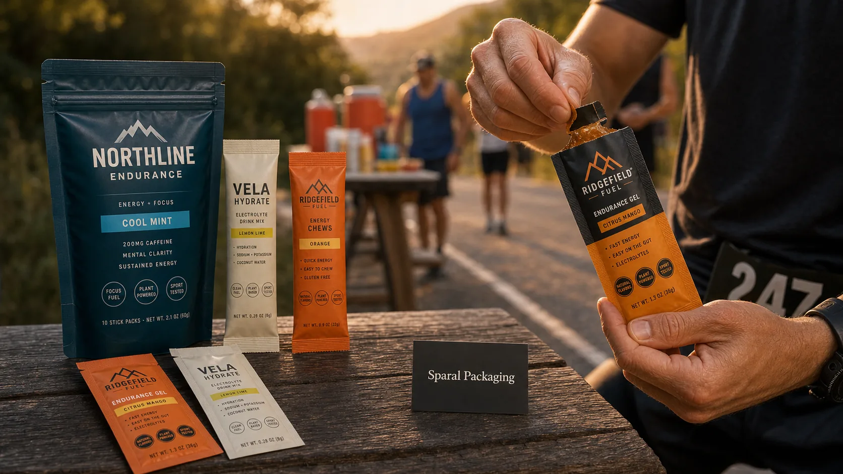 Athlete tearing open an energy gel sachet beside low-MOQ stick packs, parent pouch, and Sparal Packaging proof card at a trail aid station.