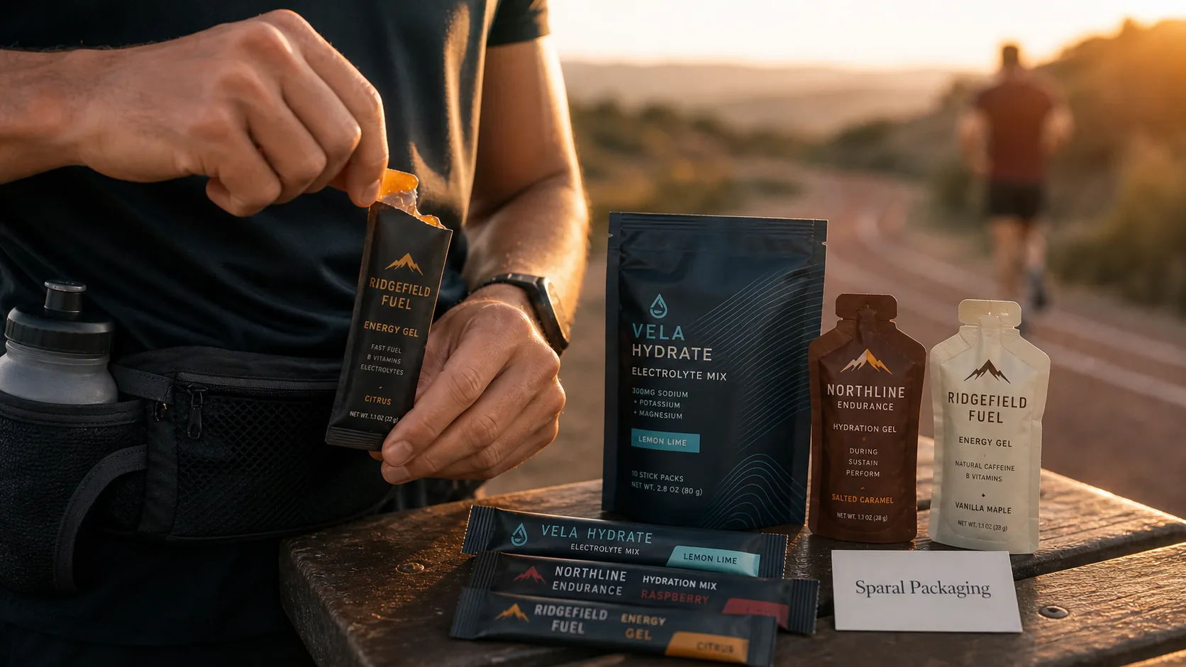 Runner tearing open a low MOQ energy gel stick pack with hydration sticks, parent pouch, and Sparal Packaging sample card.