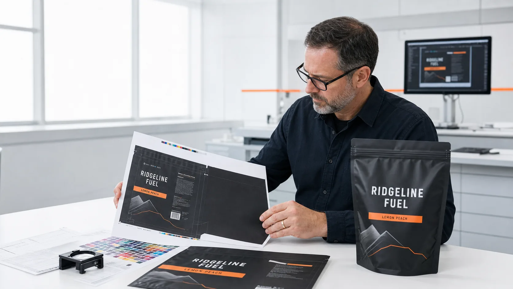 Packaging engineer reviewing a fictional RIDGELINE FUEL pouch, measured dieline, proof, and material samples before production release