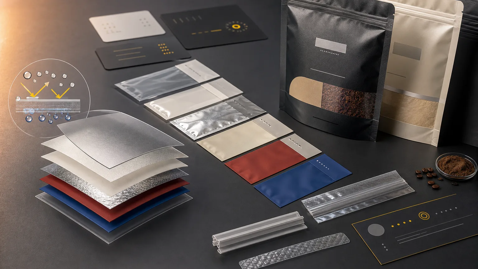High barrier material stack with pouch film layers and packaging swatches
