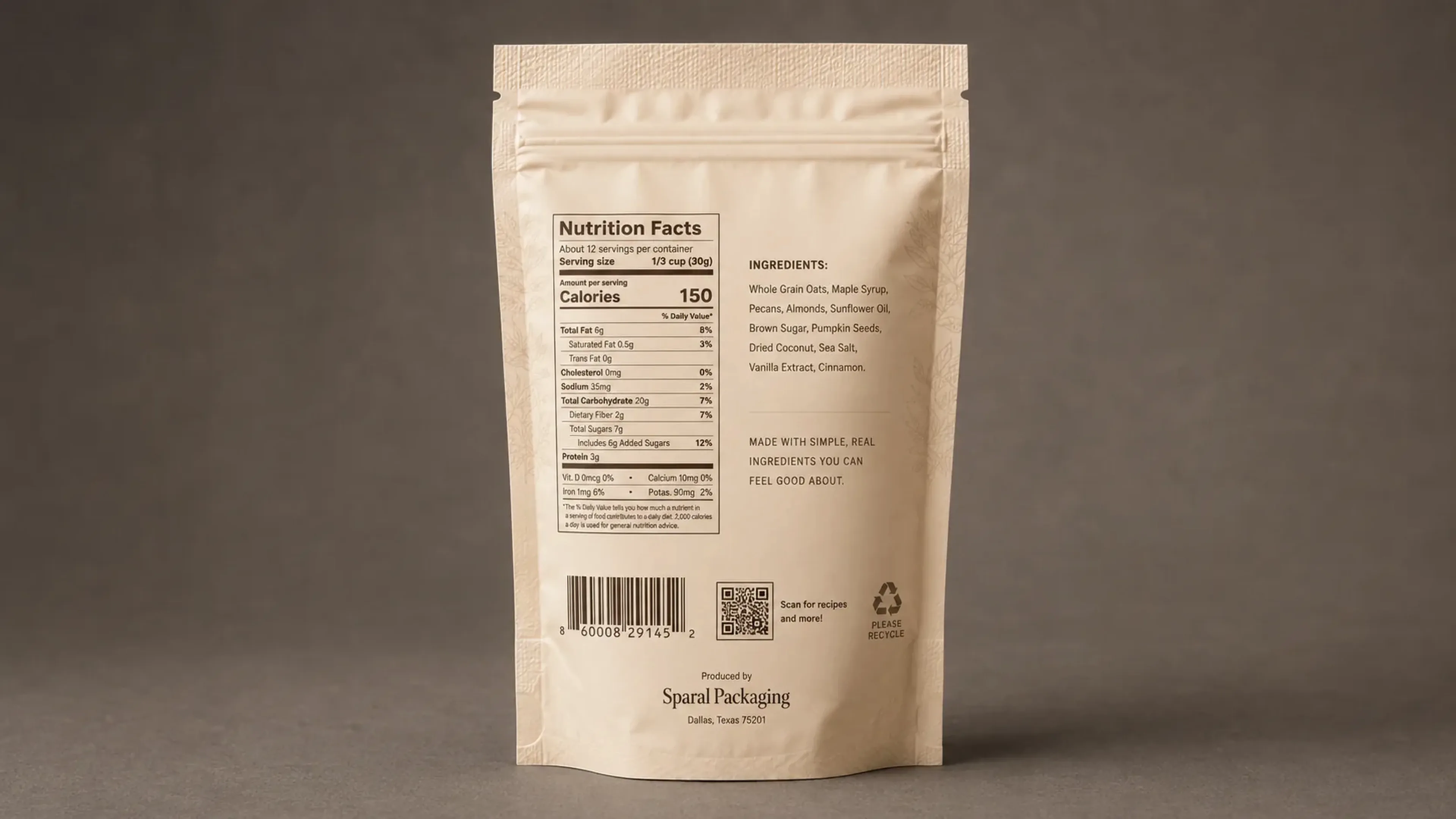 Back of a custom printed pouch with nutrition facts panel, barcode and QR code
