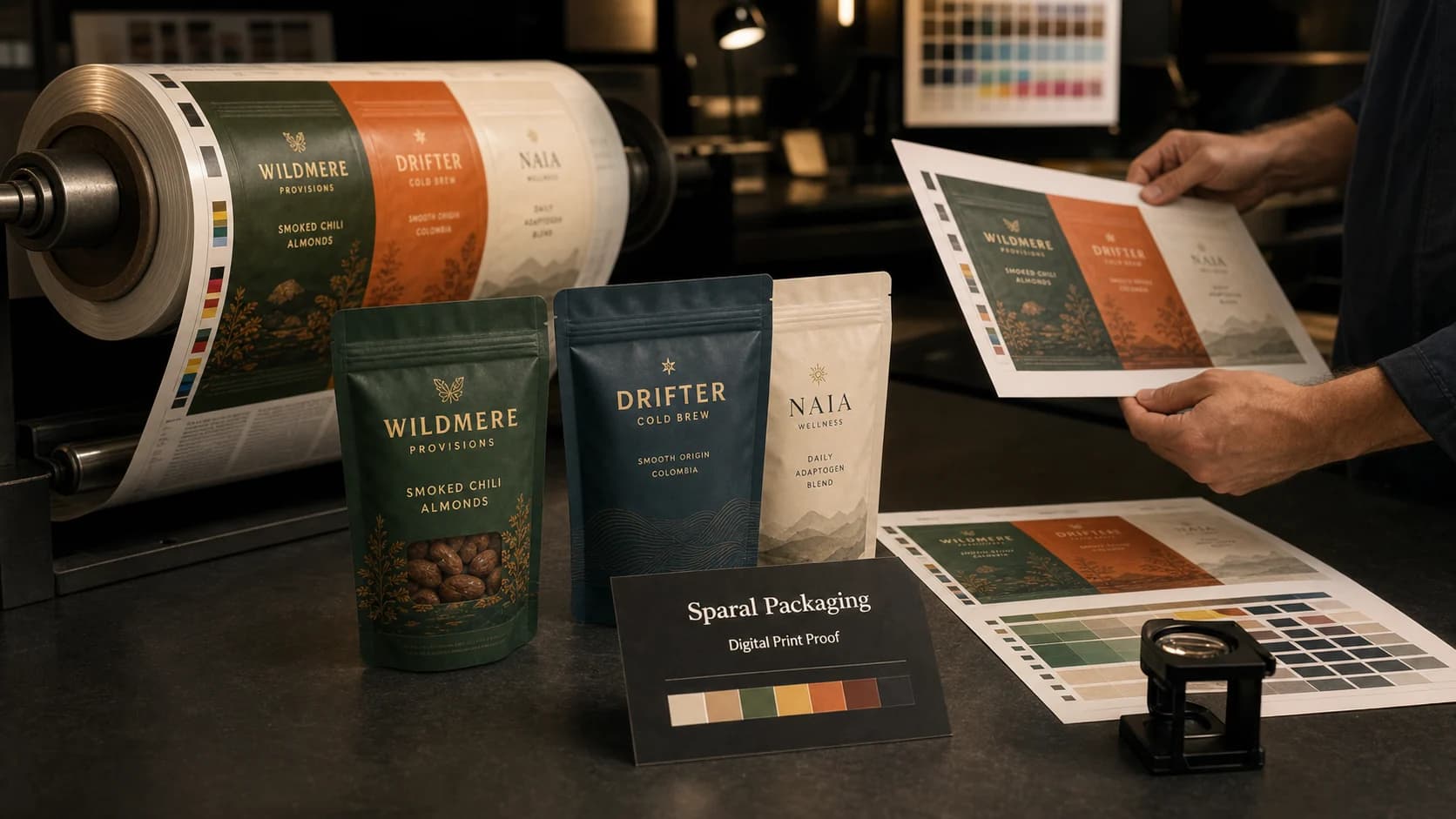 Digital print proof room with rollstock, finished pouches, proof sheets, color bars, and Sparal Packaging proof card
