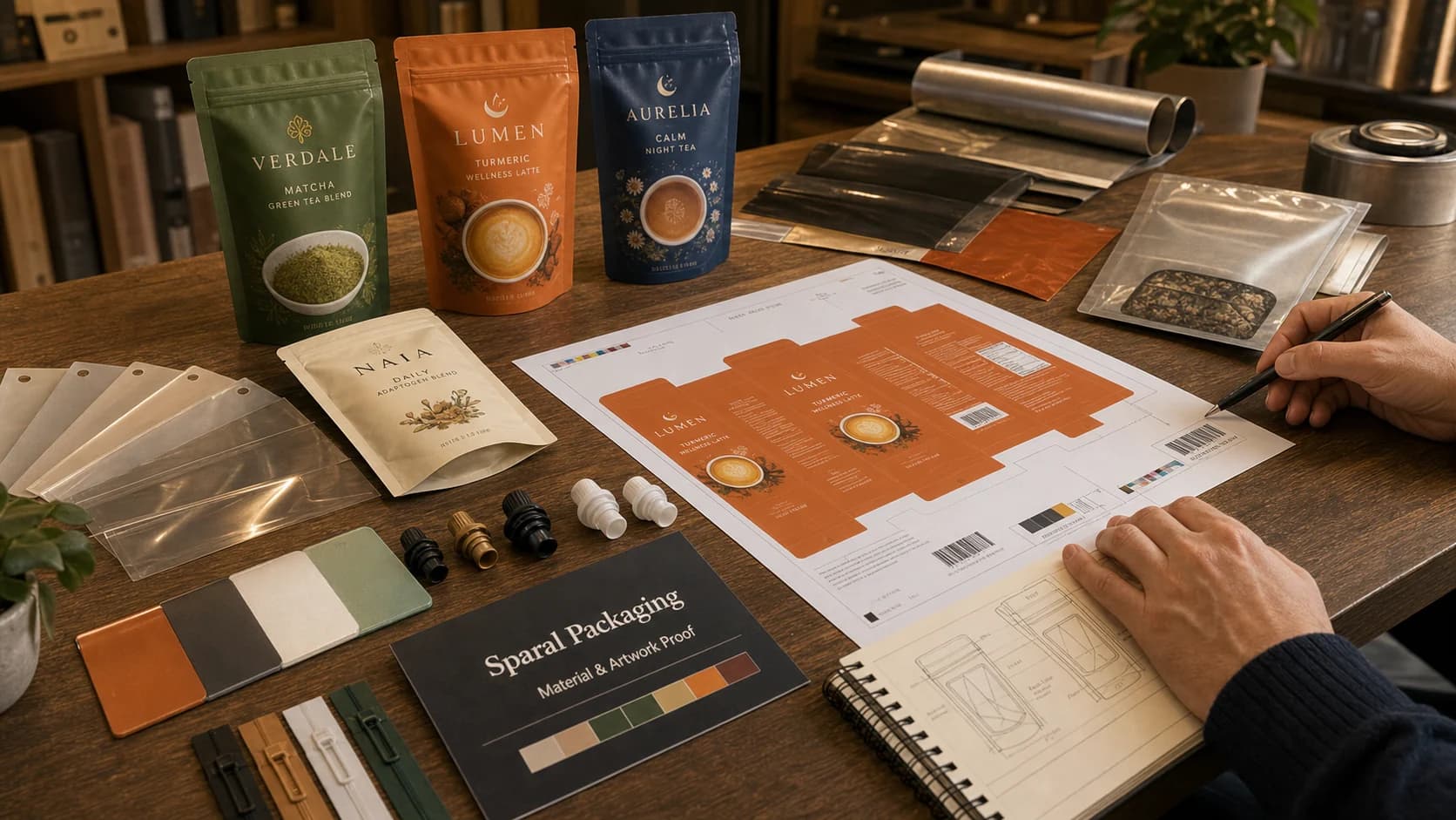Material, finish, artwork, and hardware proof table for custom pouch packaging