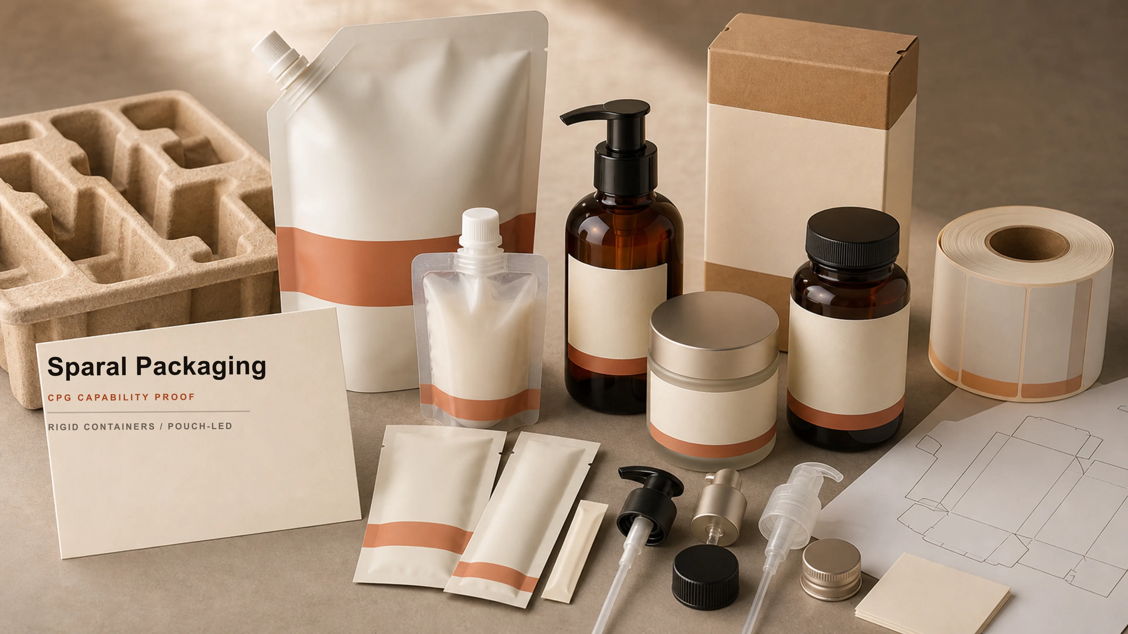 Bottles jars pumps and caps capability proof with rigid containers, refill pouch, sample sachets, label roll, carton, and Sparal Packaging proof card