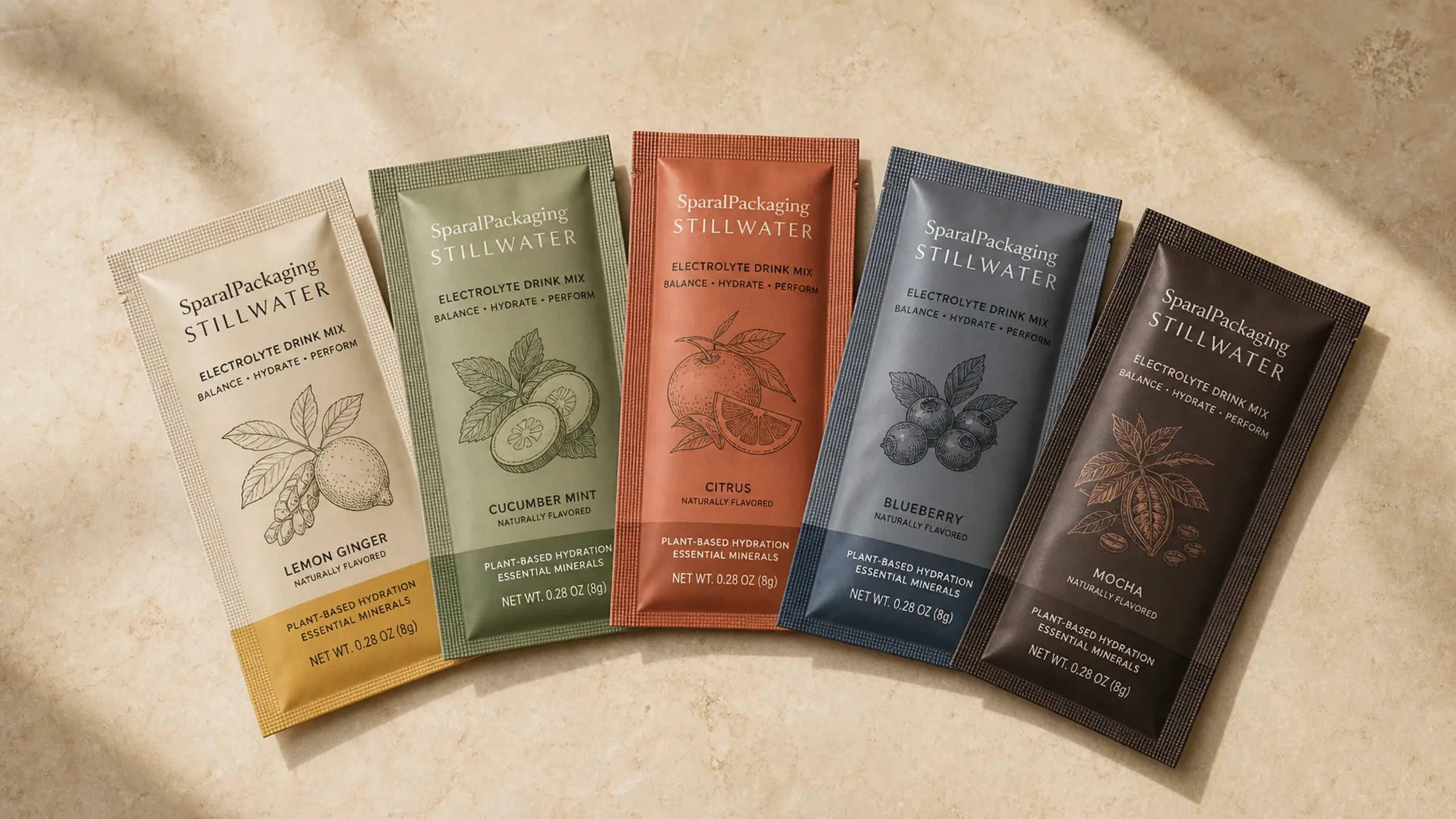 Five single-serve electrolyte sachets fanned in matching flavor colorways