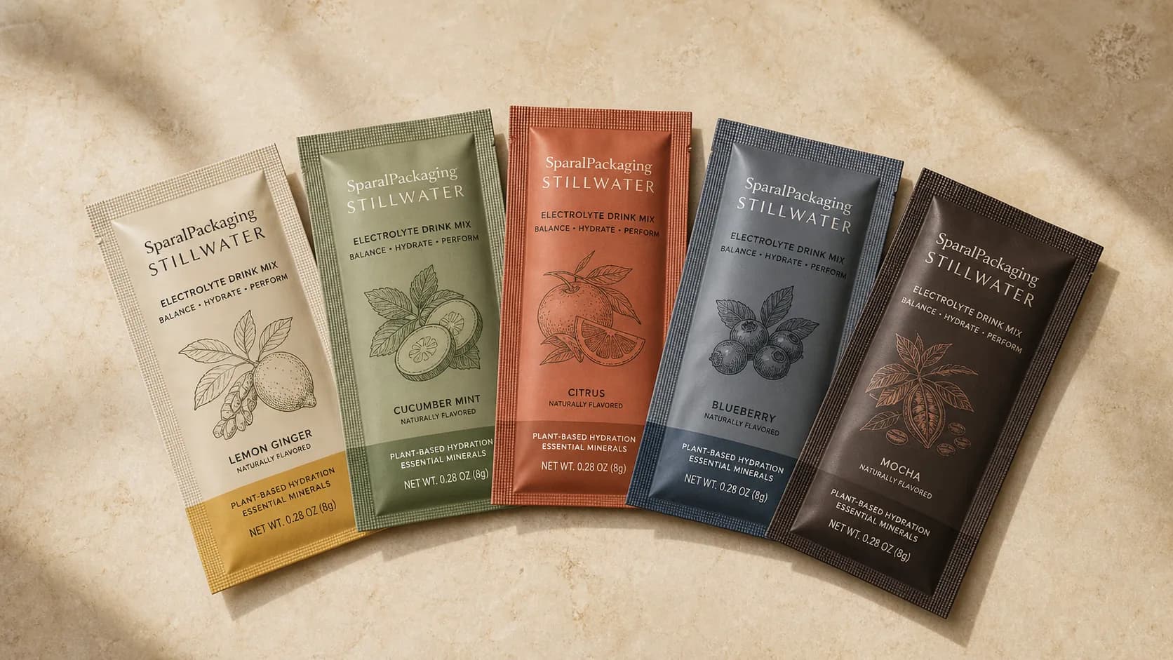 Five single-serve sachets fanned in matching flavor colorways — one layout system by Sparal Packaging