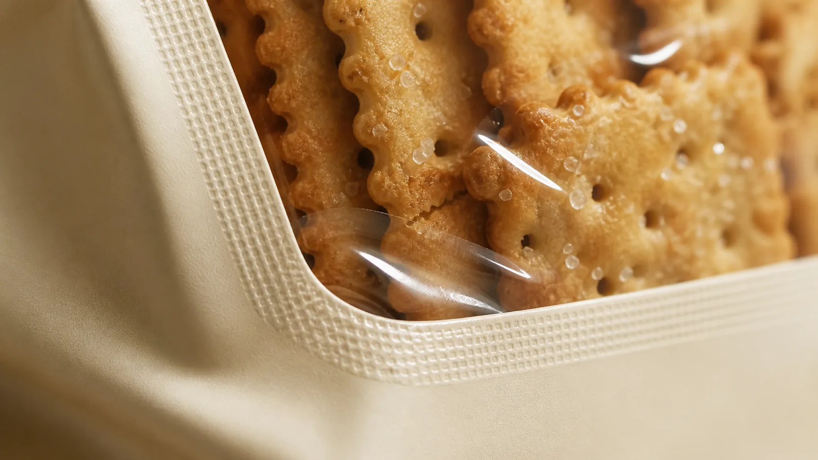 Clear product window weld seam macro with crackers visible through the film — Sparal Packaging