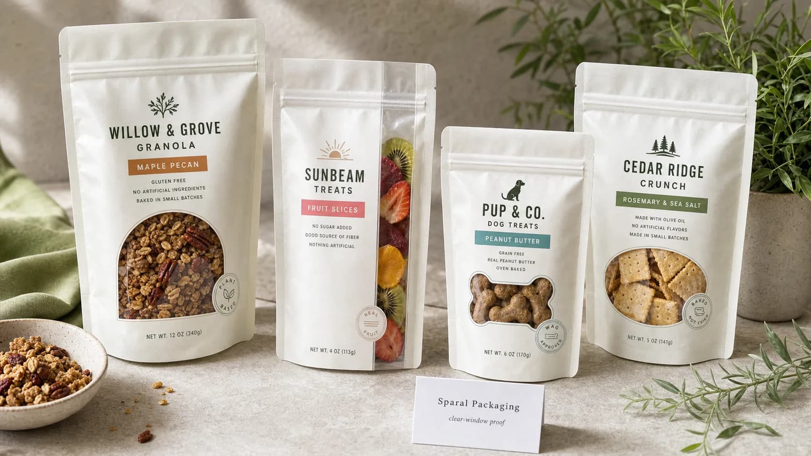 Clear-window pouch product trust scene with visible granola, candy, crackers, and pet treats through shaped transparent pouch windows