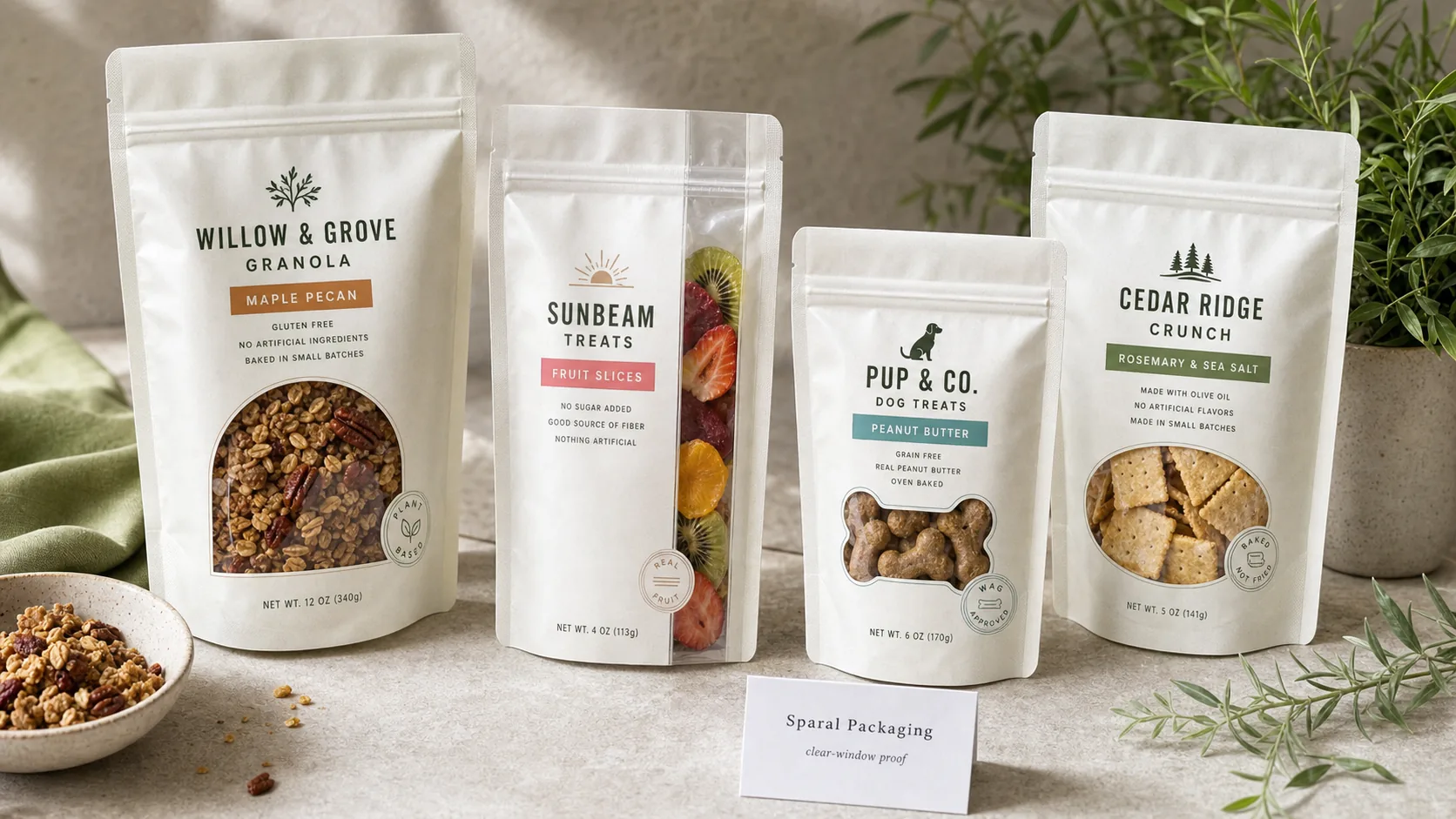 Clear-window pouch product trust scene with visible granola, candy, crackers, and pet treats through shaped transparent pouch windows