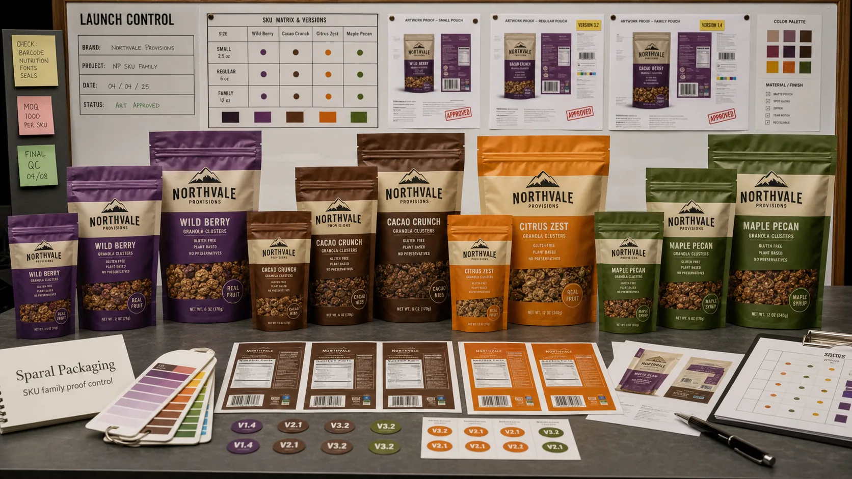 Coordinated SKU family control wall with color-coded pouch variants, proof sheets, version panels, swatches, and Sparal Packaging proof card