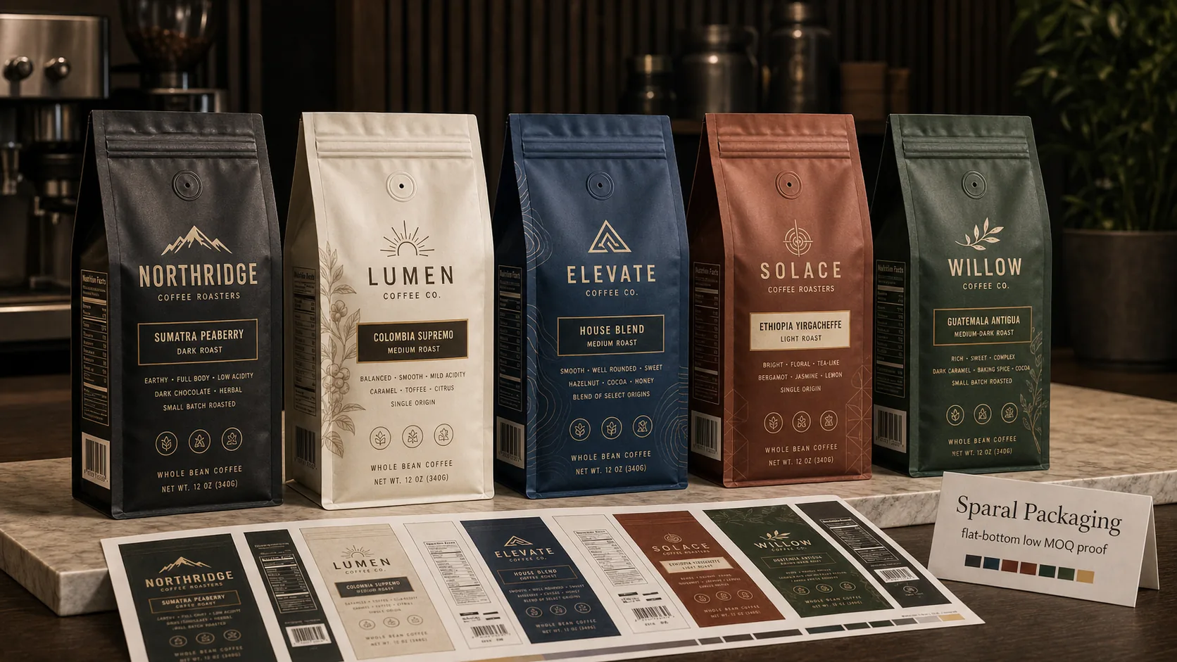 Flat-bottom pouch shelf block proof scene with coffee and granola box pouches, side panels, valves, artwork sheets, and Sparal Packaging proof card