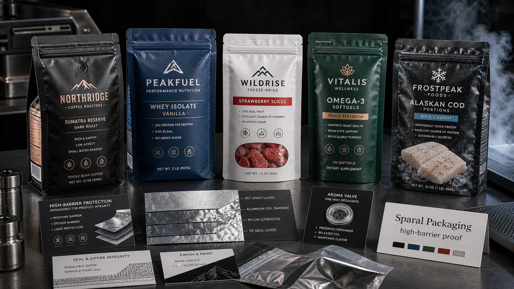 High-barrier pouch protection proof table with foil laminates, valves, freezer pouch, barrier swatches, and Sparal Packaging proof card