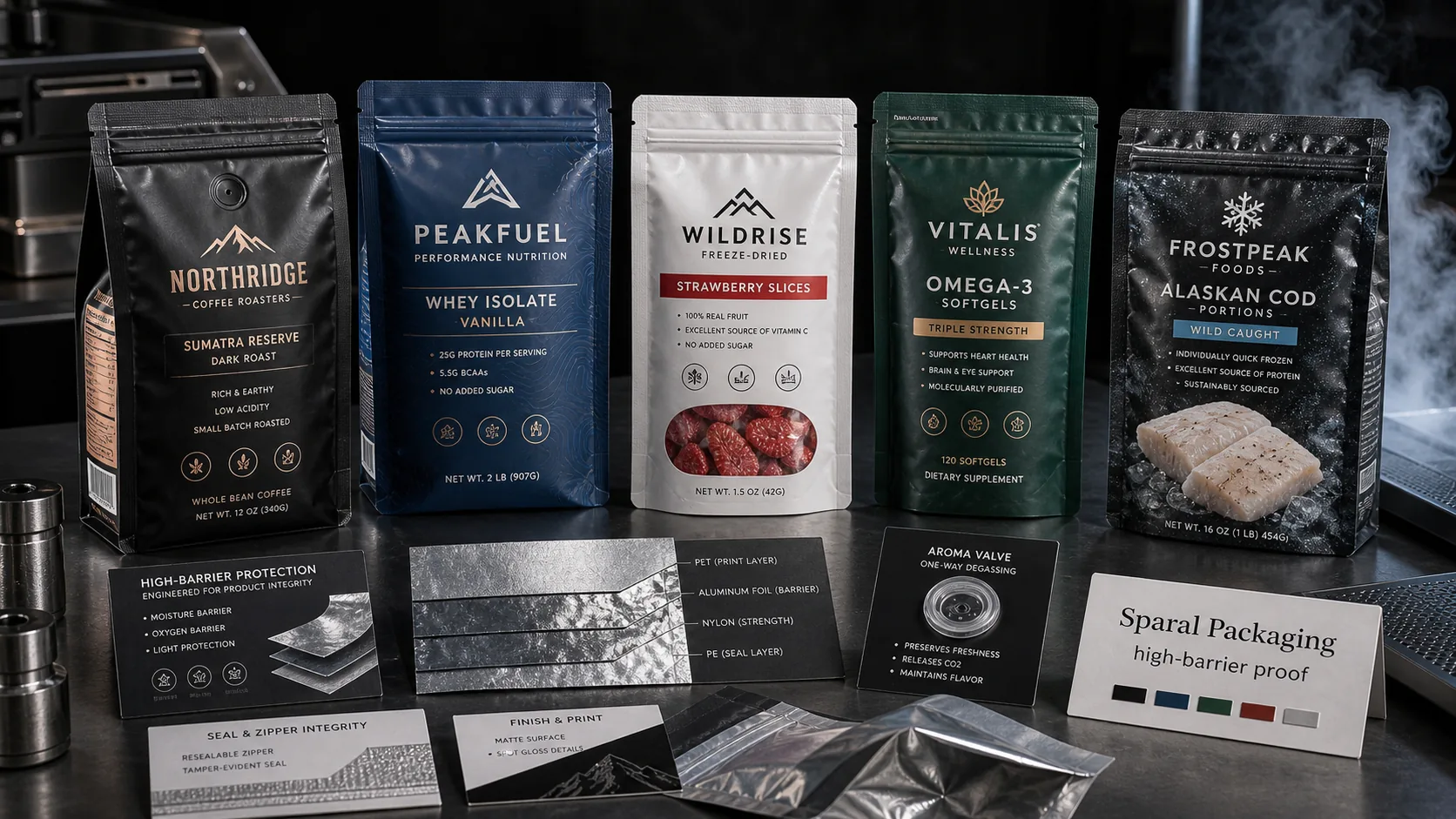 High-barrier pouch protection proof table with foil laminates, valves, freezer pouch, barrier swatches, and Sparal Packaging proof card