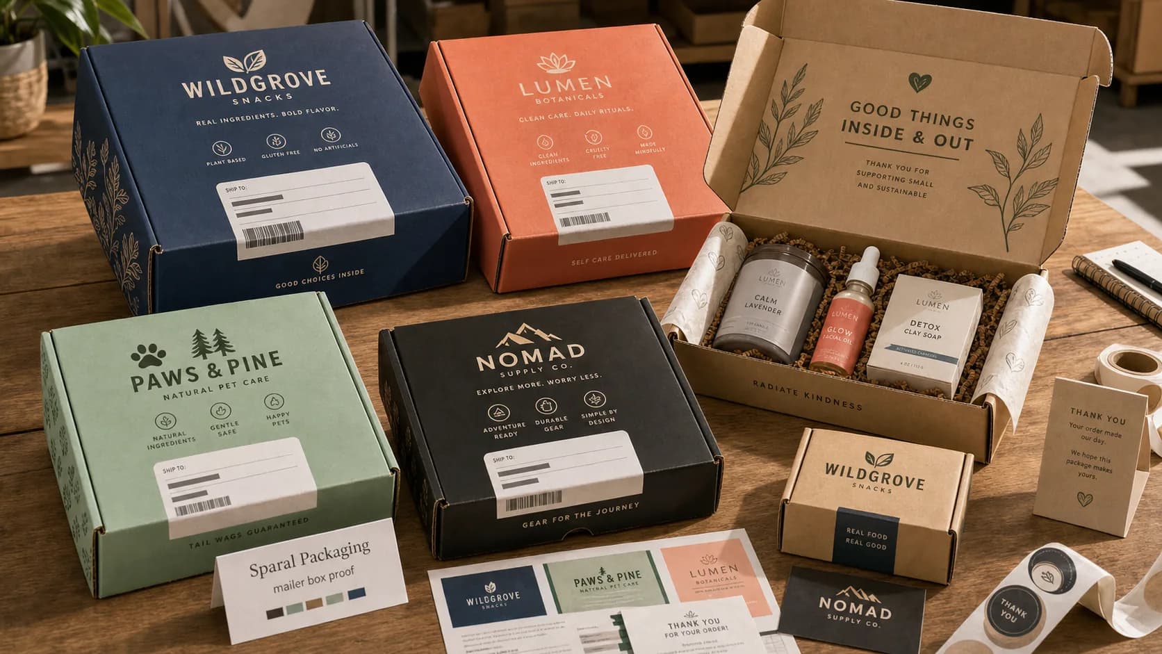 Mailer box unboxing proof scene with printed interior corrugated mailers, dividers, inserts, generic shipping labels, and Sparal Packaging proof card