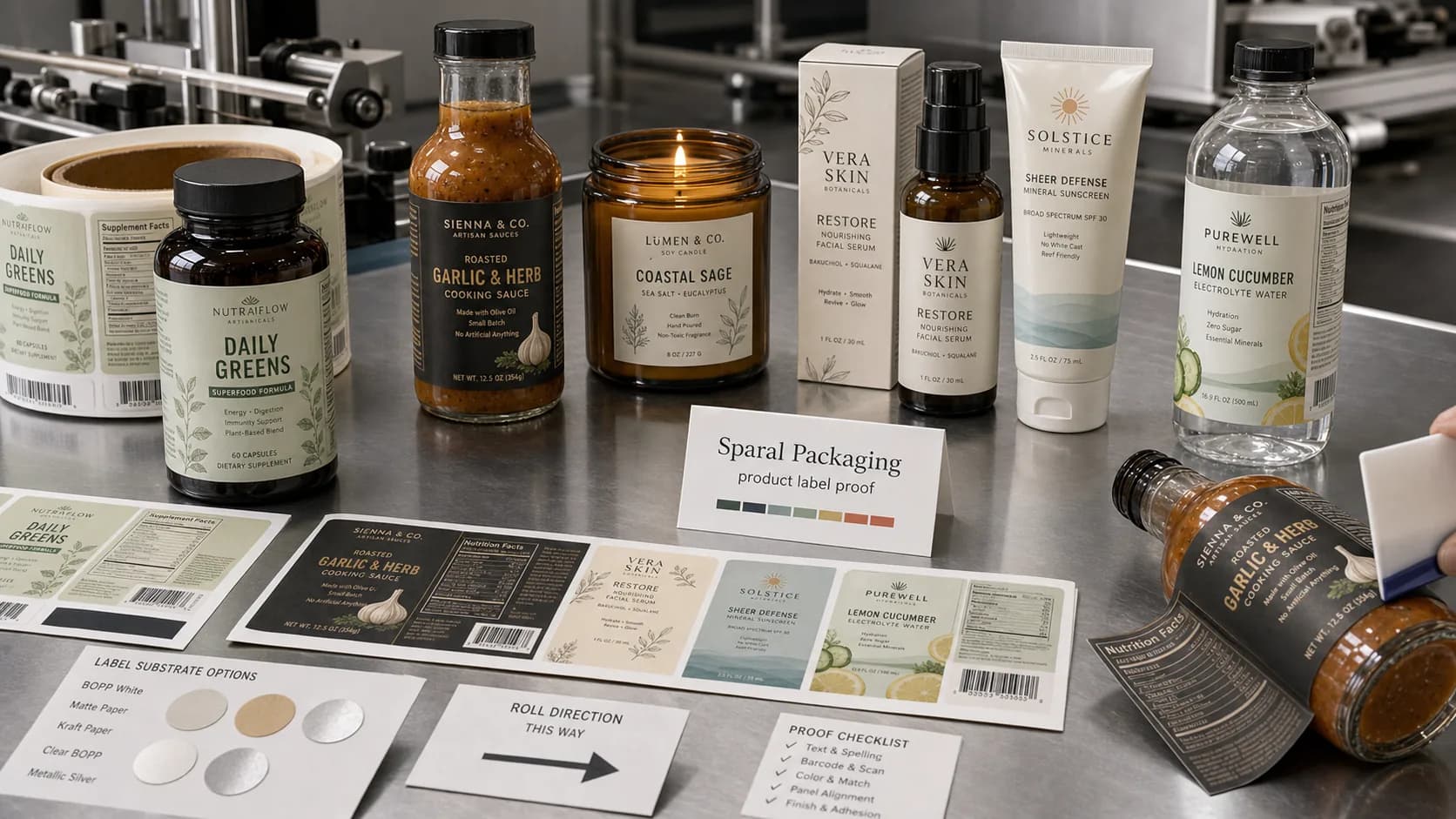 Product label application proof scene with labeled bottles, jars, tubes, wrap labels, compliance panels, and Sparal Packaging proof card