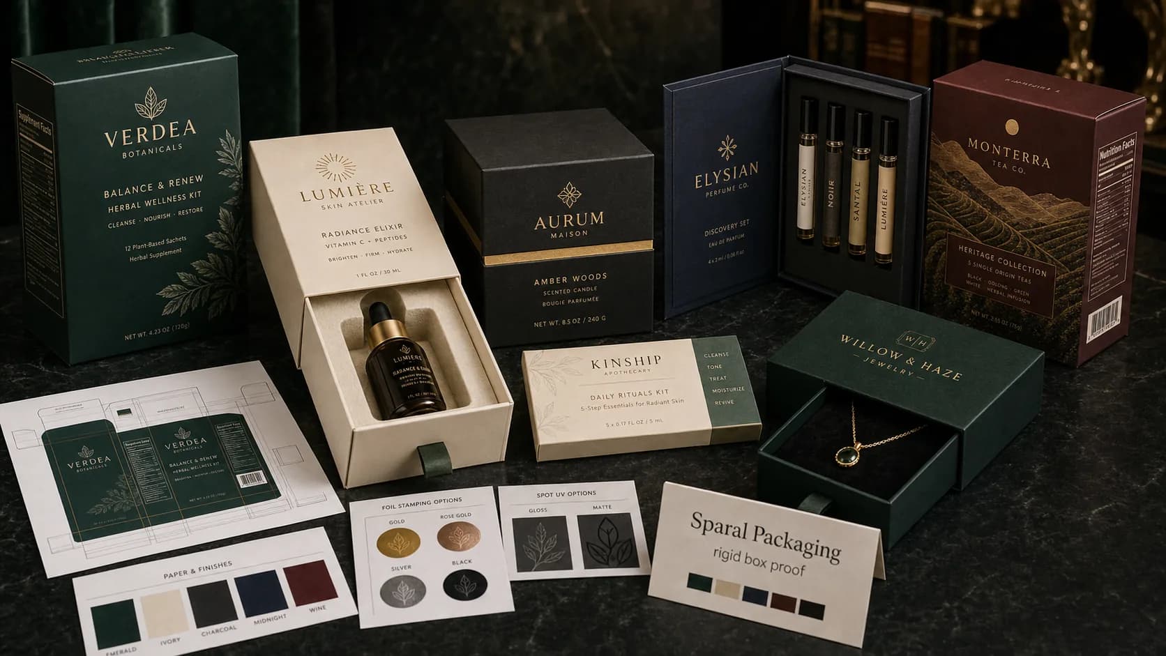 Premium rigid box proof scene with drawer box, lift-off lid box, book-style box, inserts, wrap swatches, and Sparal Packaging proof card