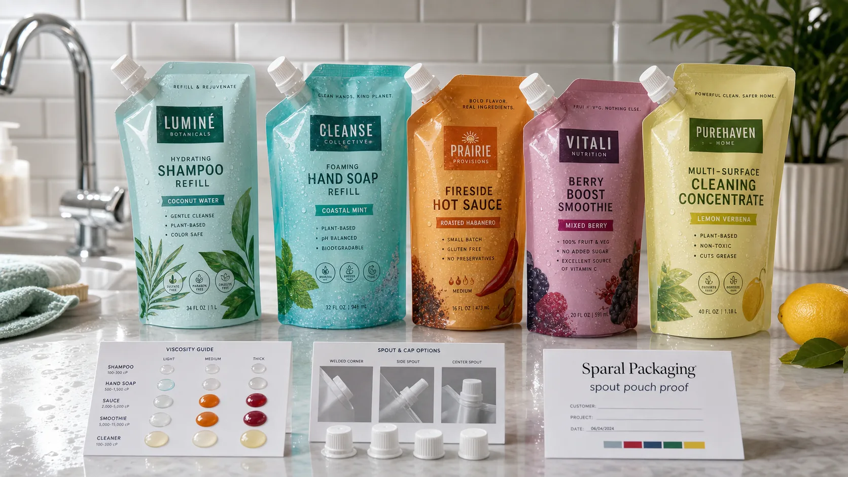 Spout pouch refill counter proof scene with shampoo, sauce, smoothie, and household concentrate pouches, caps, spout samples, and Sparal Packaging proof card