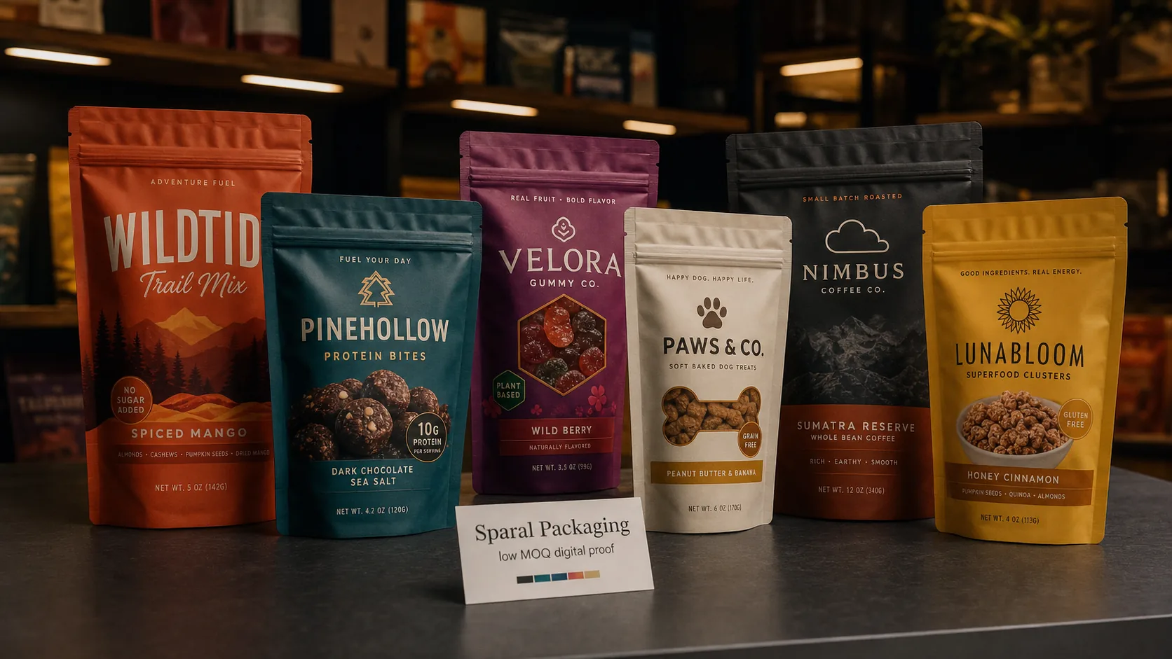 Low MOQ stand-up pouch retail shelf wall with fictional snack, protein, candy, and pet treat pouches, zipper tracks, gussets, and Sparal Packaging proof card