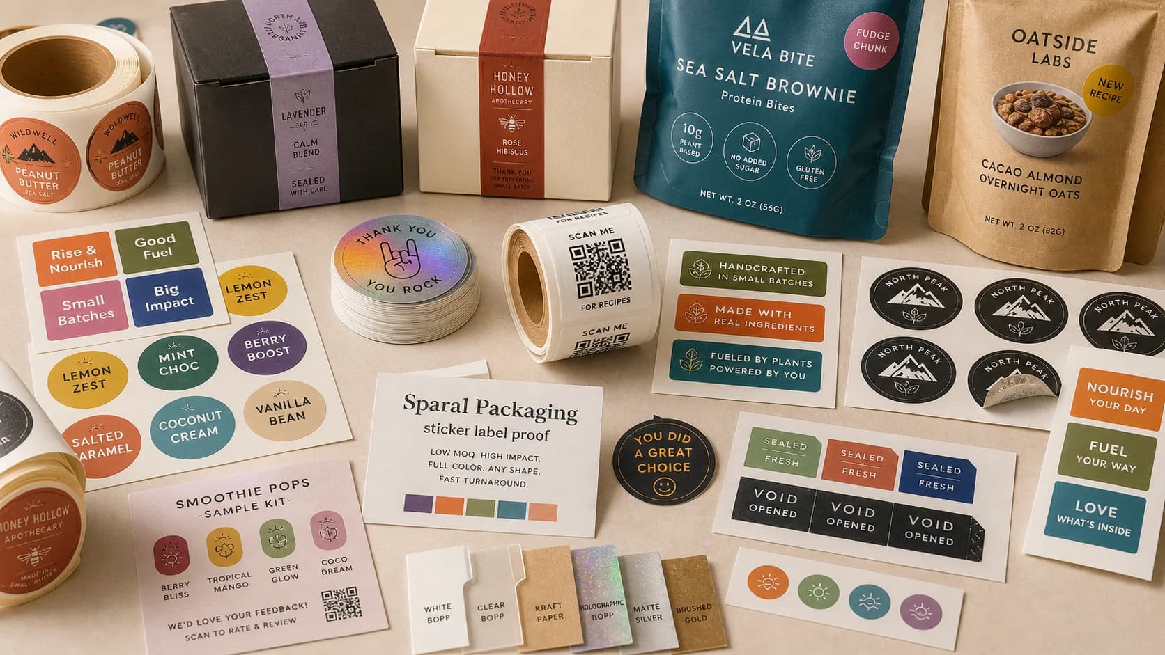 Sticker label campaign proof table with die-cut stickers, roll labels, QR stickers, closure seals, substrate swatches, and Sparal Packaging proof card