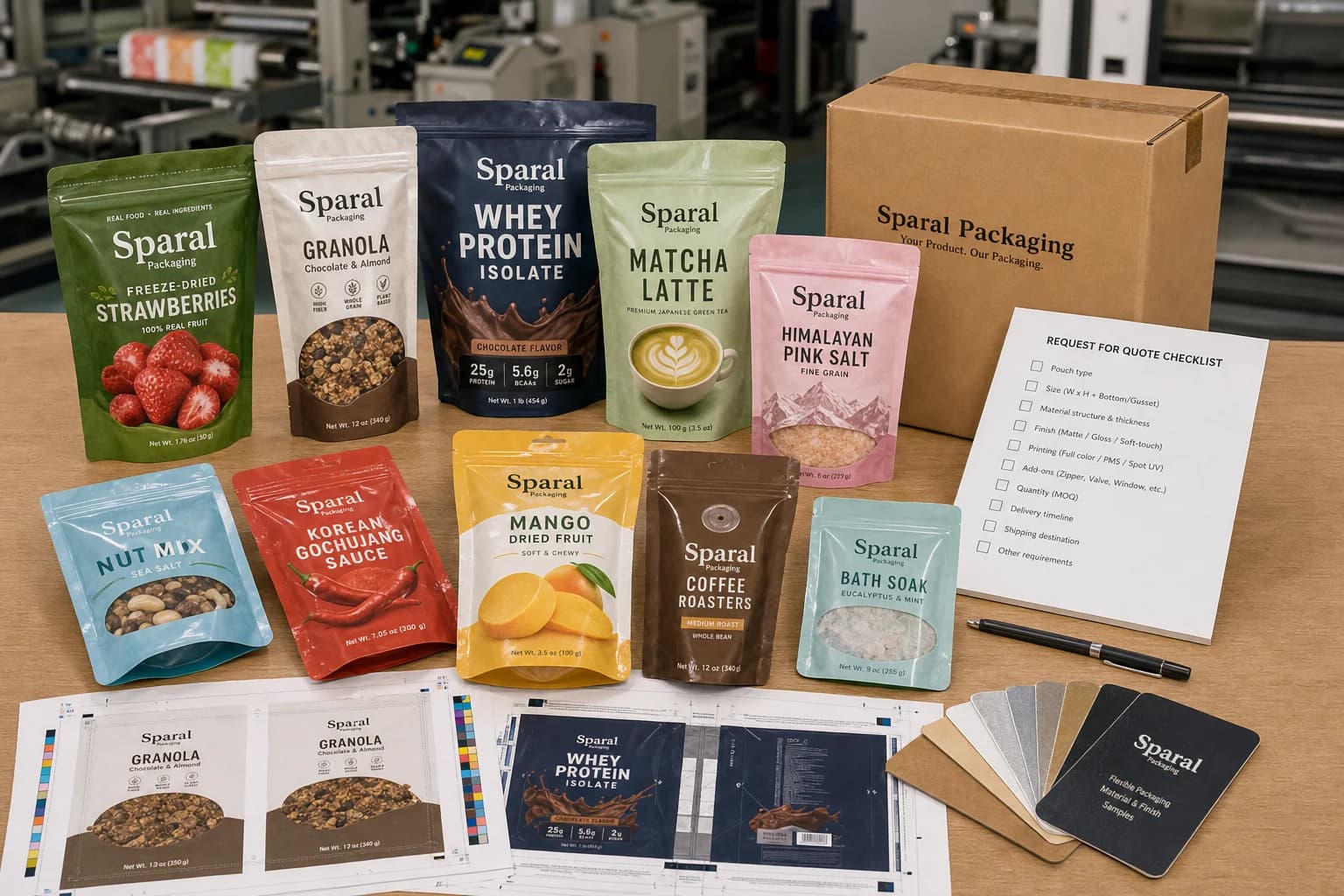 Sparal Packaging low MOQ quote kit with full-print flexible pouches, dieline proofs, RFQ checklist, and material swatches