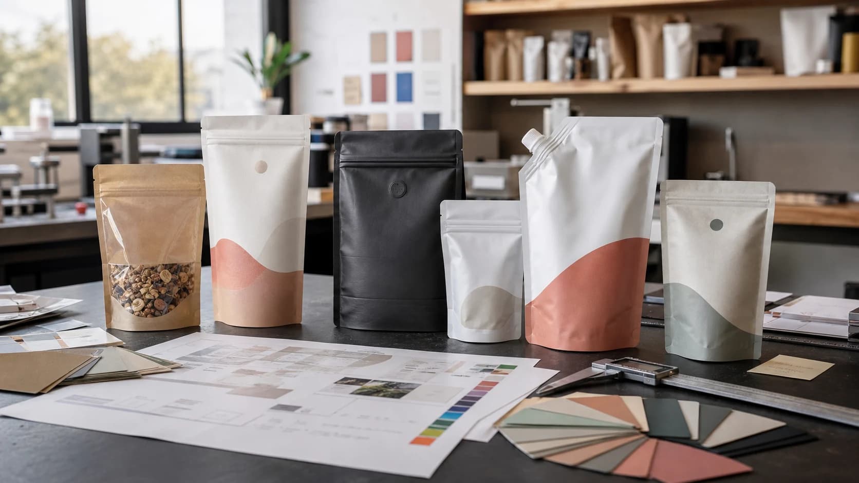 Custom pouch packaging samples, material swatches, and digital proof sheets on a procurement review table