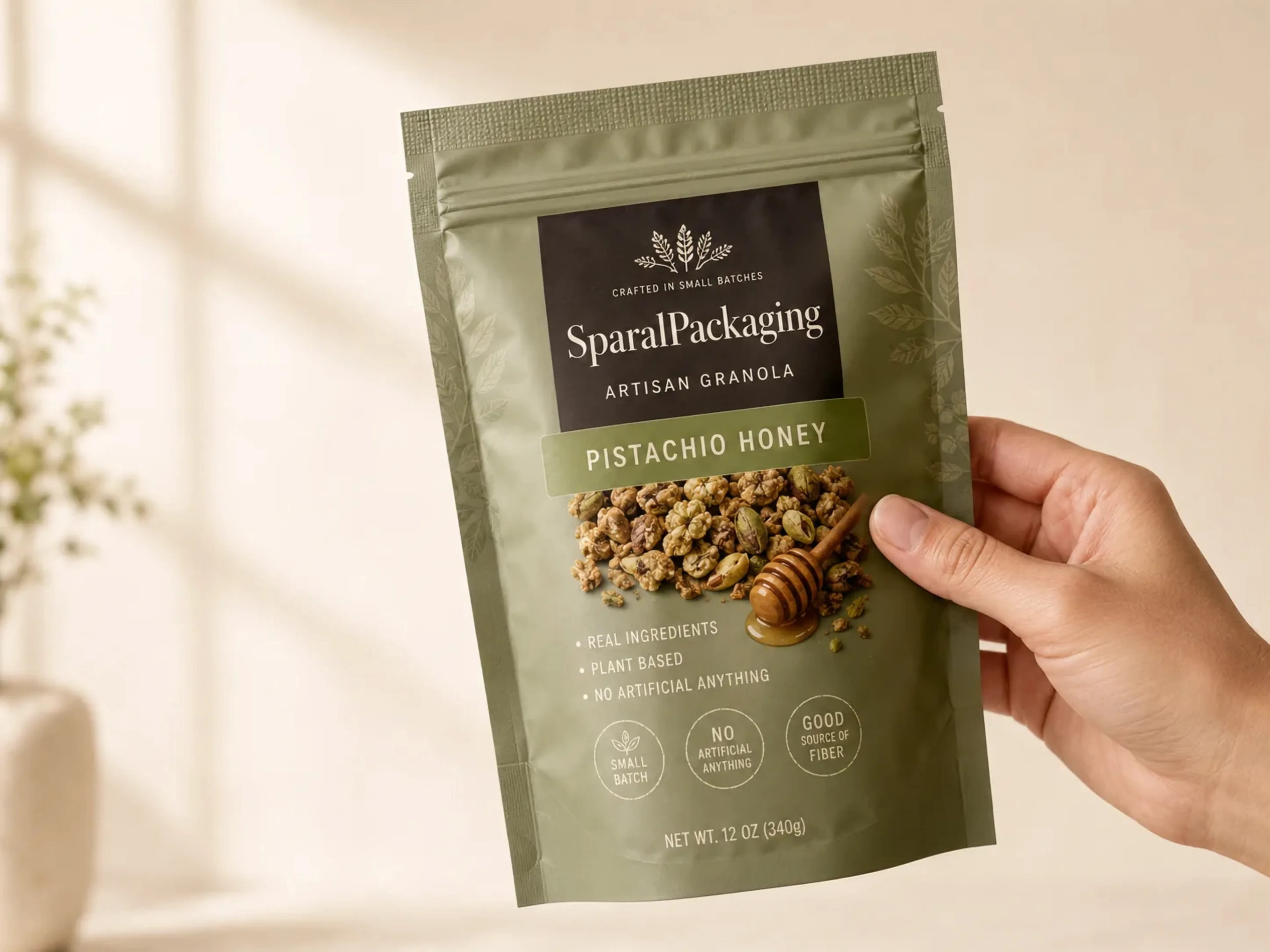 Hand holding a custom printed granola pouch showing real-world scale
