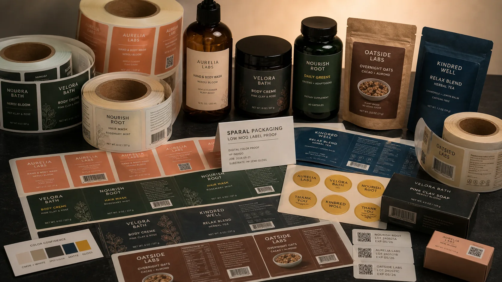 Low MOQ custom label proof system with roll labels, applied bottle labels, jar labels, pouch labels, QR labels, carton stickers, and Sparal Packaging label proof card.