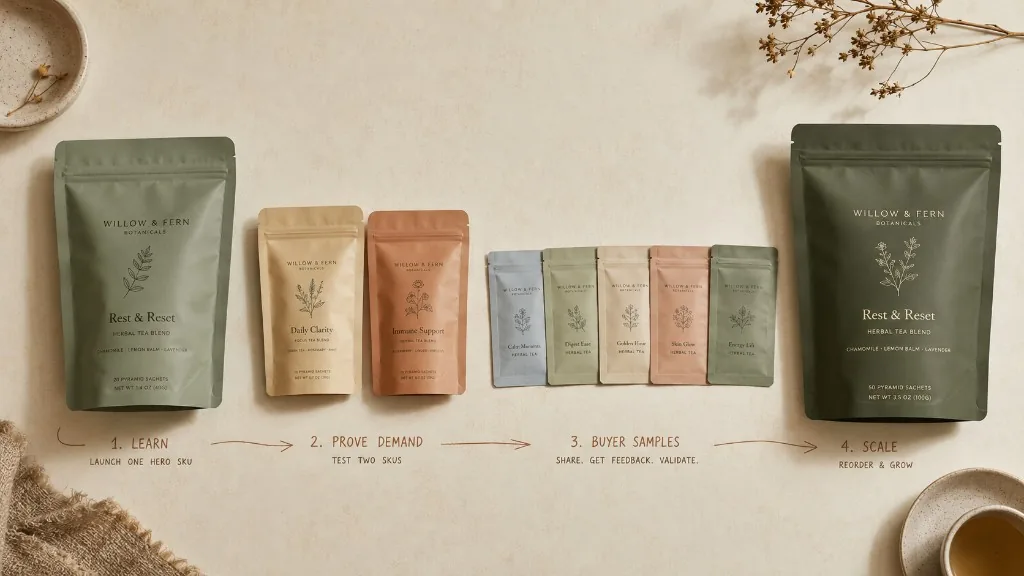 Low MOQ custom printed pouch launch path with a hero SKU, test SKUs, buyer sample sachets, and reorder pouch connected by learning steps.