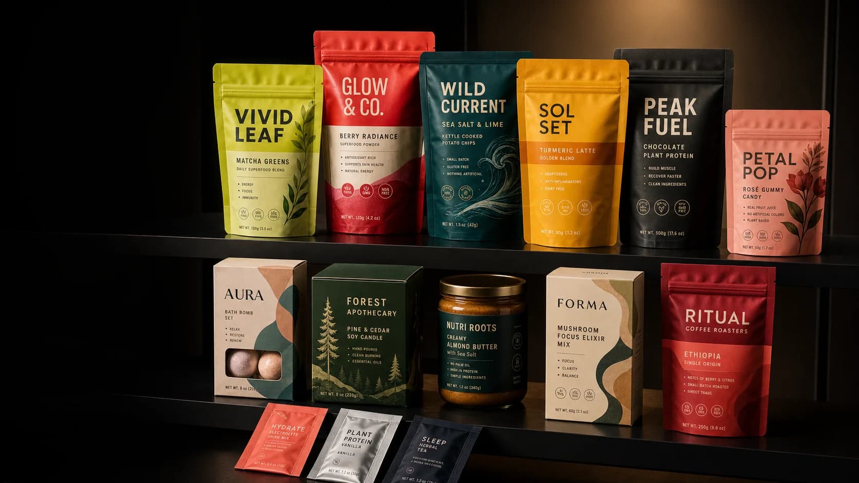 High-impact low MOQ custom pouch retail launch wall by Sparal Packaging