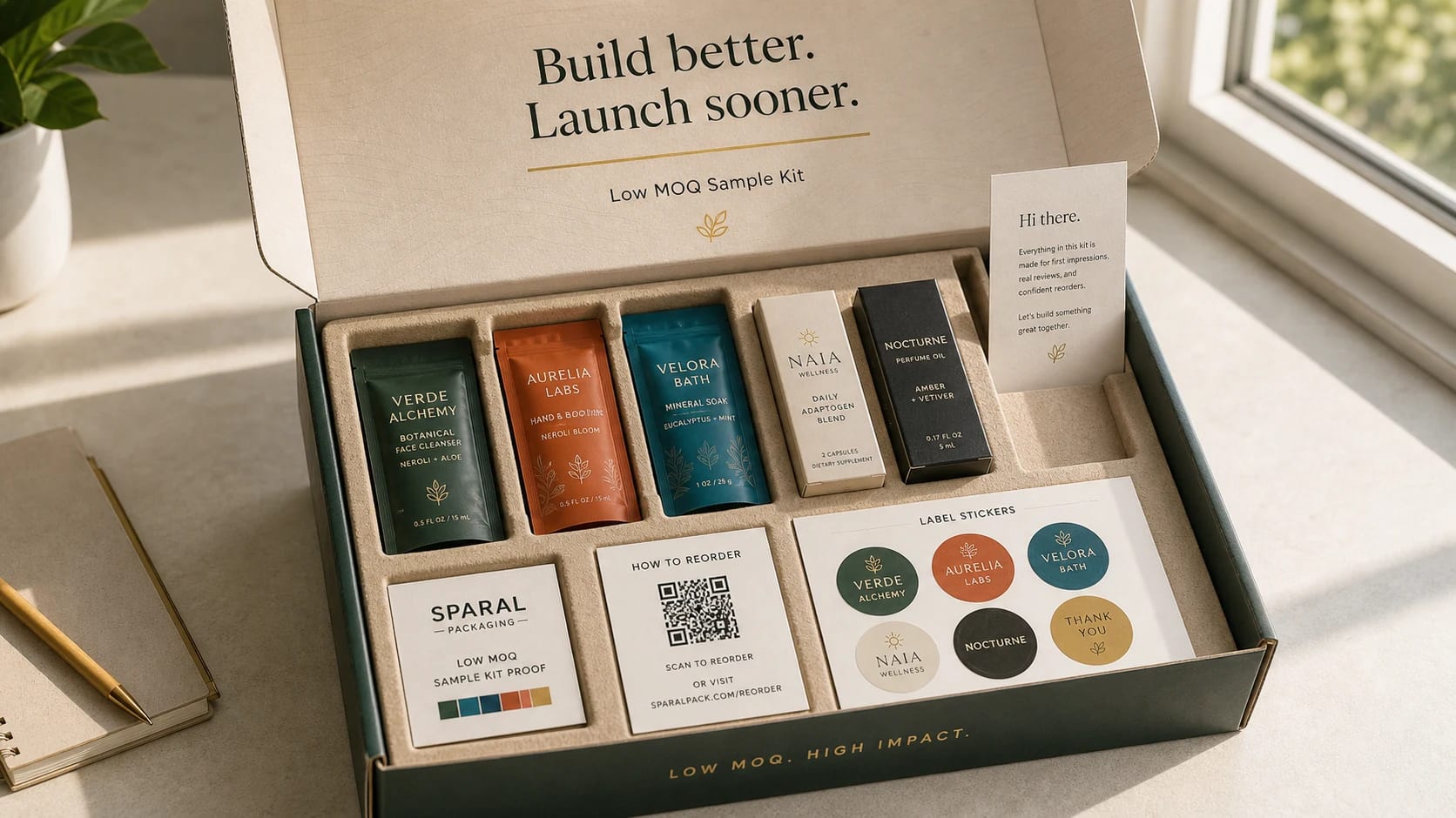 Low MOQ sample kit unboxing with open mailer, molded insert, mini sample pouches, small cartons, label stickers, QR card, and Sparal Packaging proof card.