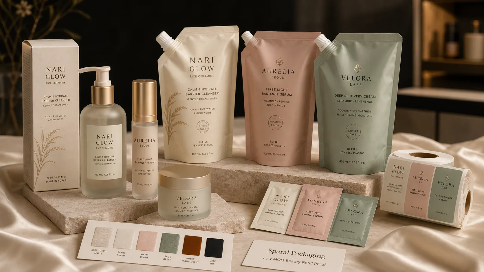 Premium Korean-style beauty refill packaging system with frosted bottles, cream jar, spouted refill pouches, sachets, labels, material swatches, and Sparal Packaging proof card.
