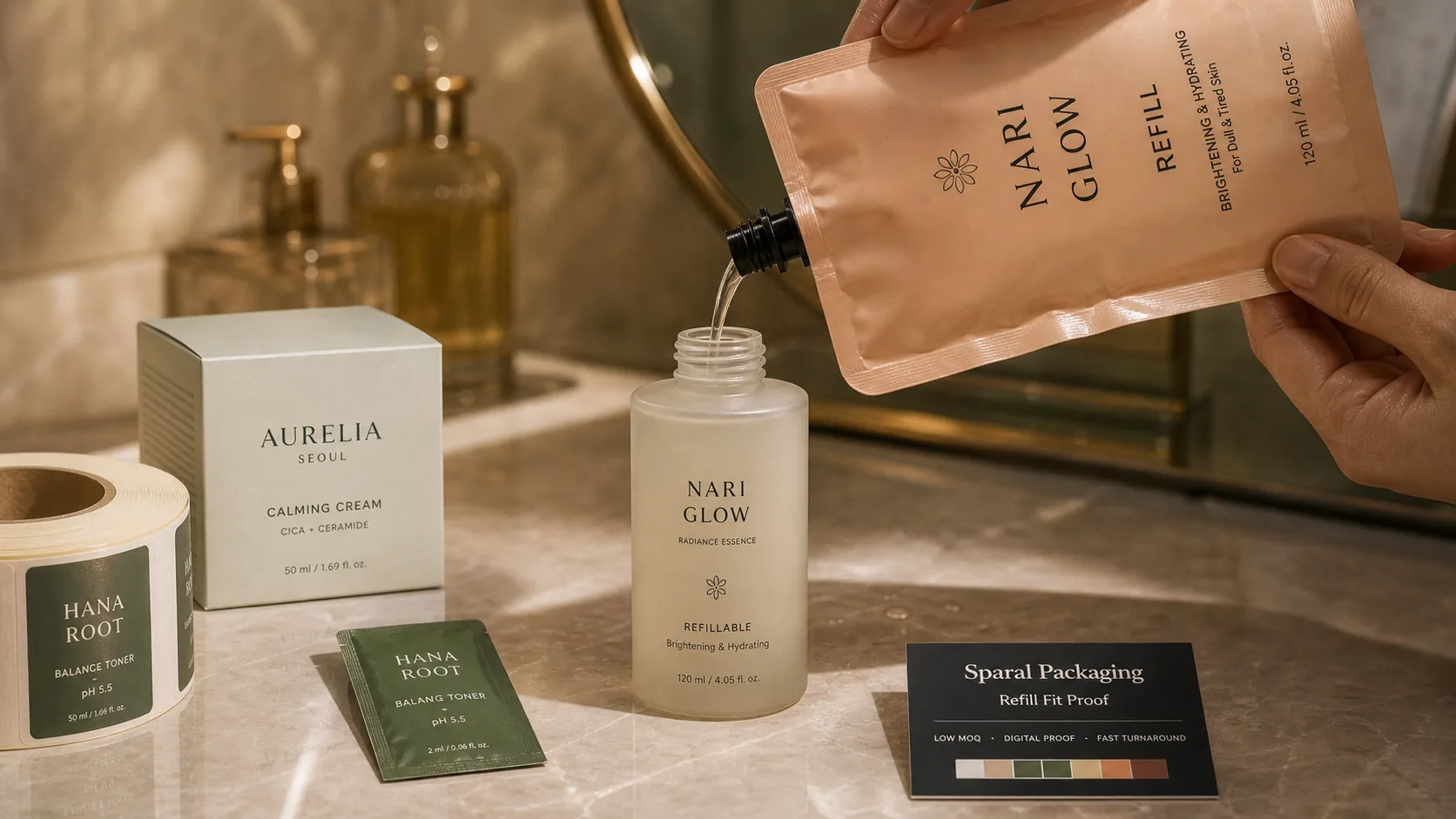 Premium beauty refill spout pouch pouring into a frosted pump bottle with carton, sachet, label roll, and Sparal Packaging refill fit proof card.