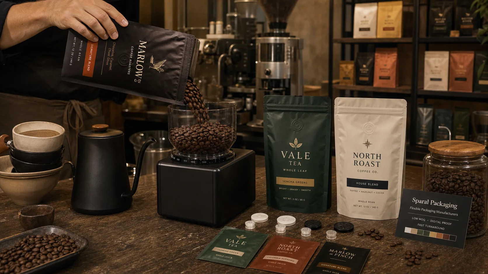 Low-MOQ coffee and tea pouch scene in a roastery with beans pouring into a grinder and Sparal Packaging proof card.
