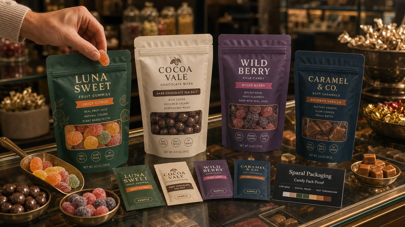 Confectionery packaging proof counter with gummies, chocolate bites, clear-window candy pouches, seasonal samples, and Sparal Packaging proof card.