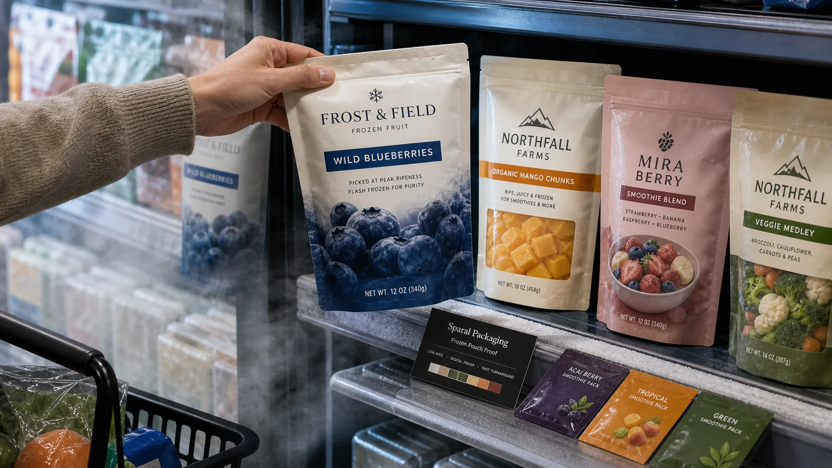 Low-MOQ frozen food pouch scene in a grocery freezer aisle with shopper hand, freezer pouches, sample packs, and Sparal Packaging proof card.