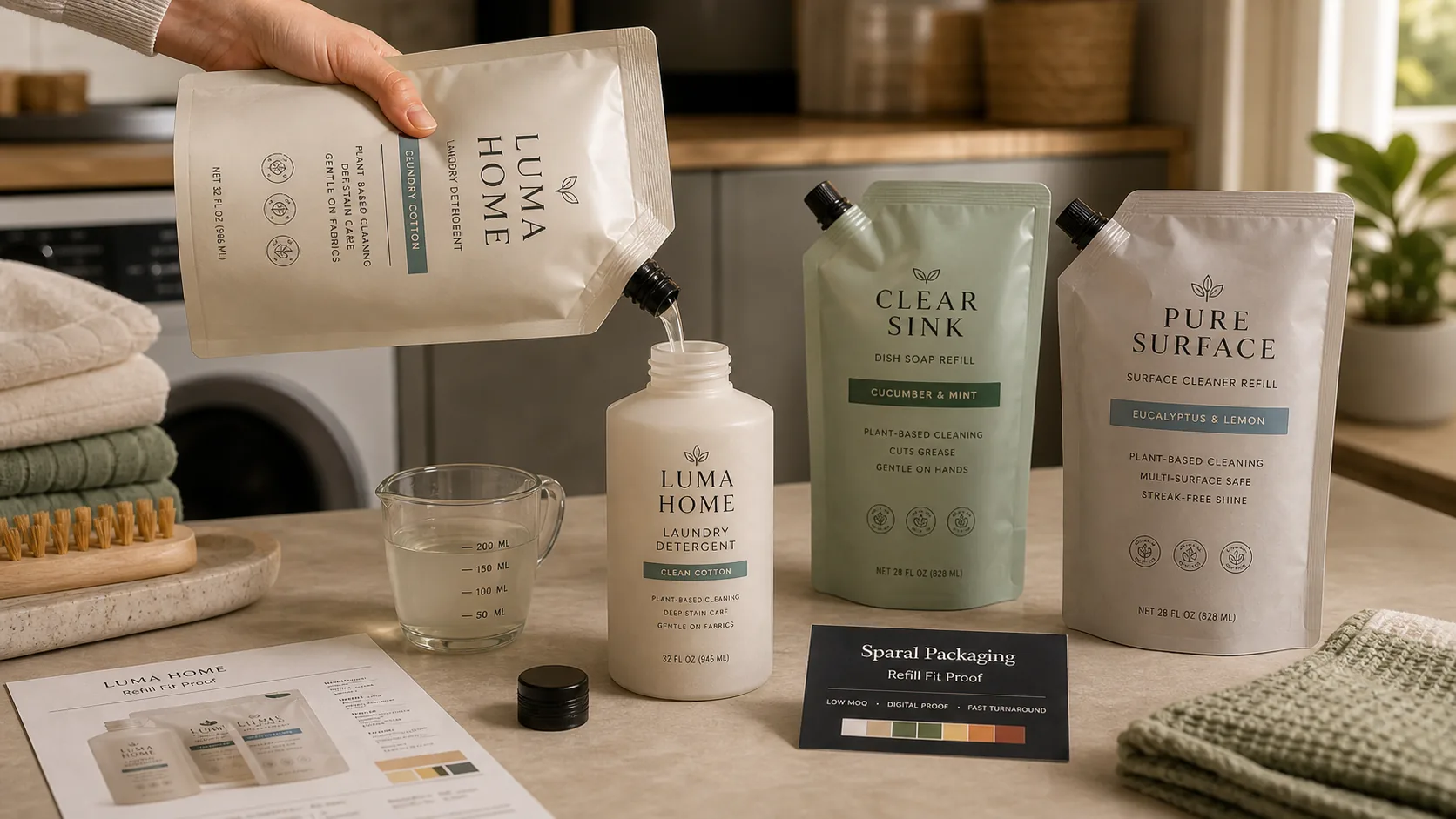 Household Refill pouch family with production and quote zones by Sparal Packaging