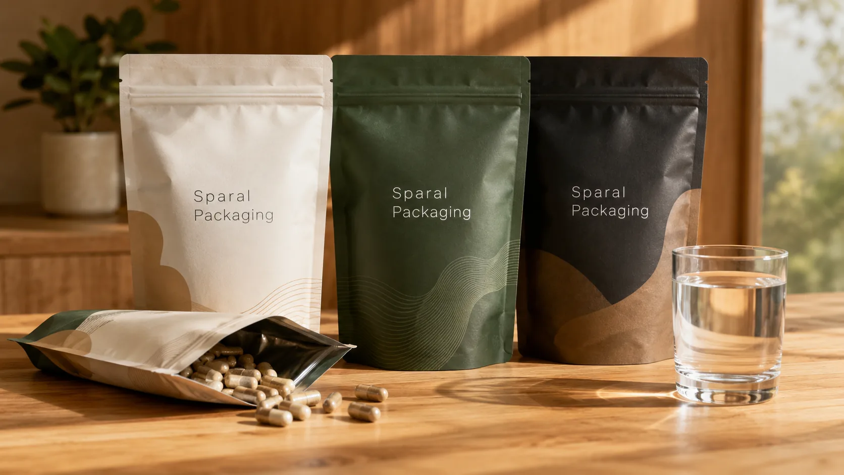 Nutraceuticals pouch family with production and quote zones by Sparal Packaging