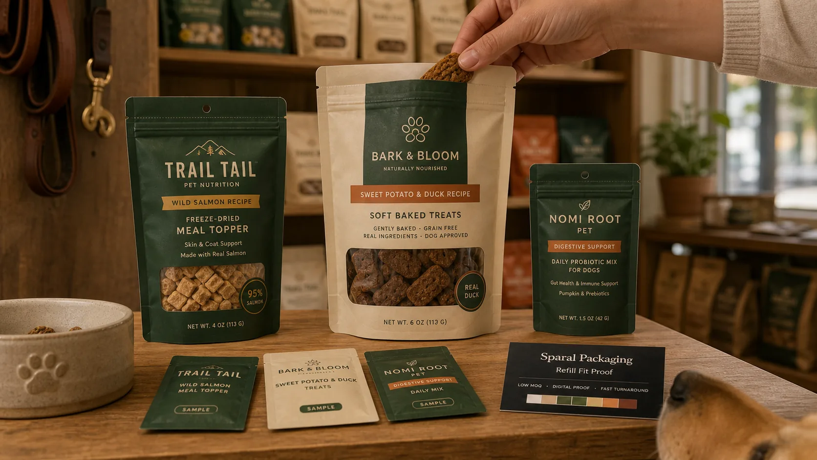 Low-MOQ pet nutrition pouch scene in a pet boutique with clear-window treat pouch, sample packs, and Sparal Packaging proof card.